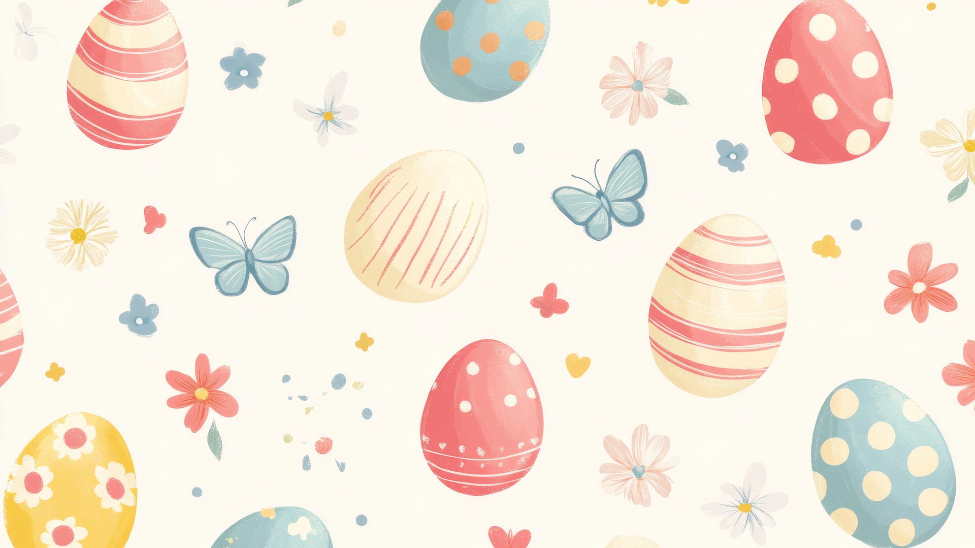 Preppy Easter wallpaper with pastel-colored eggs, flowers, and butterflies