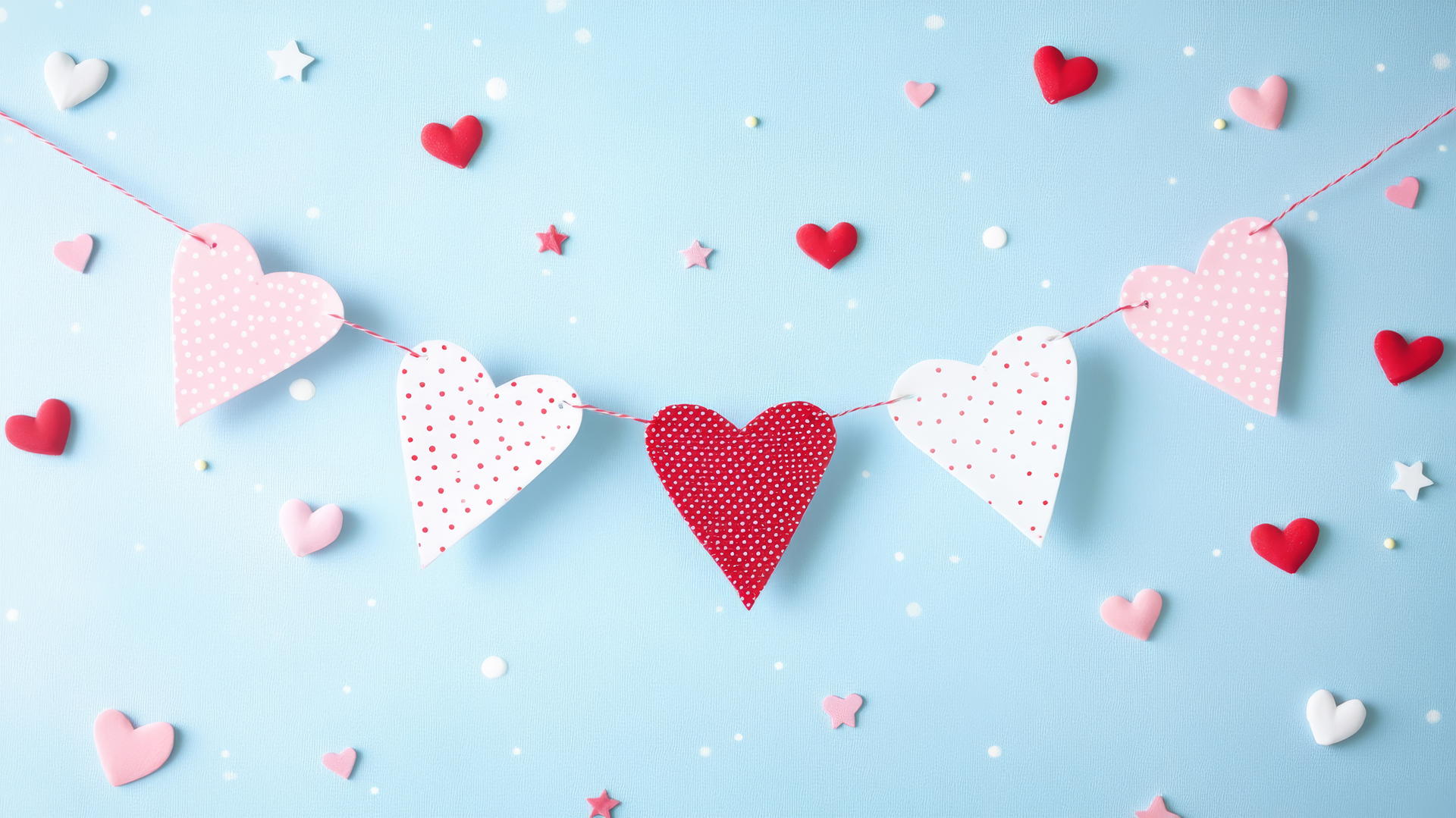 preppy valentines wallpaper with heart-shaped bunting, stars, and polka dots