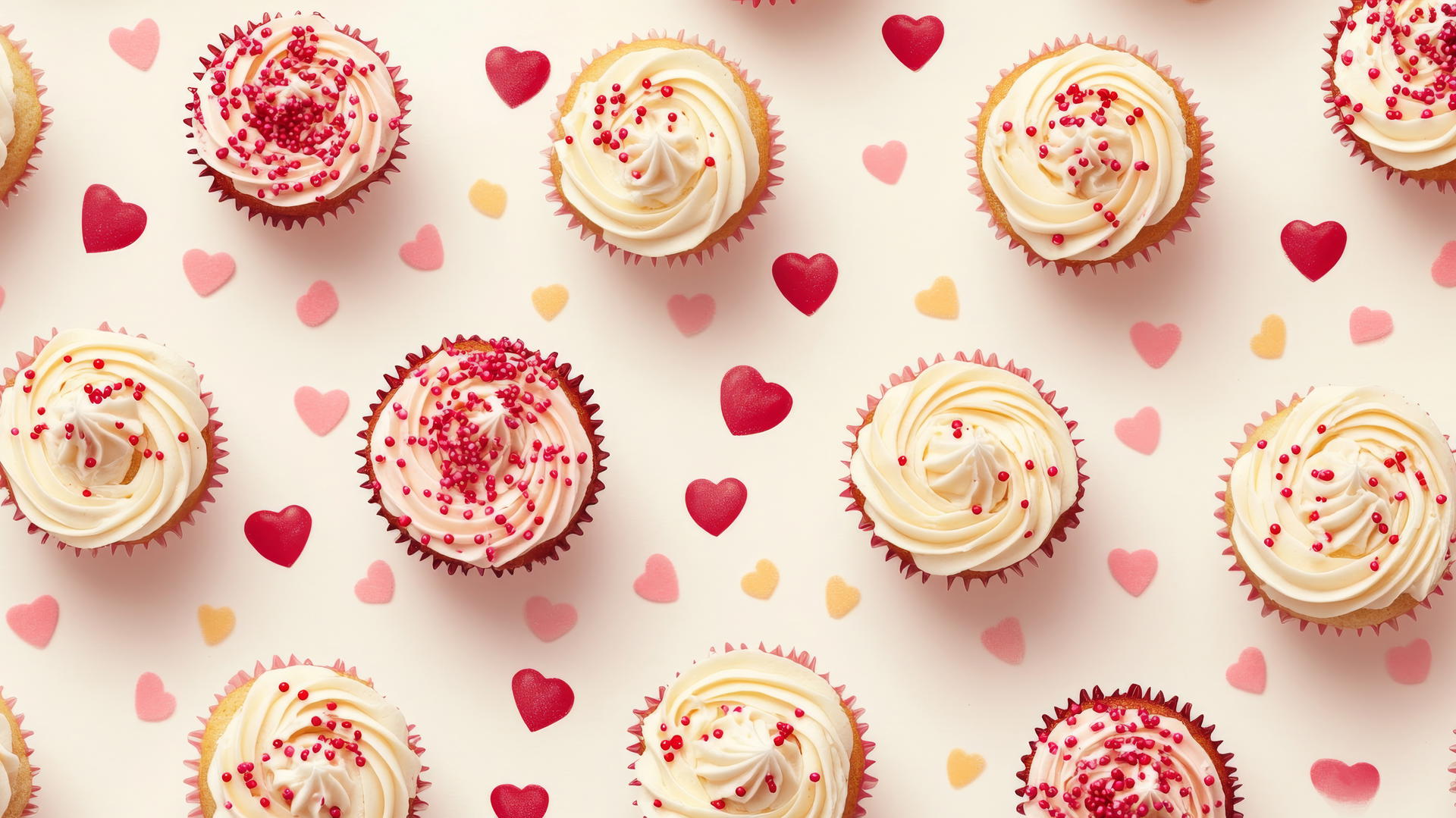 preppy valentines wallpaper with cupcakes and heart-shaped sprinkles on cream background