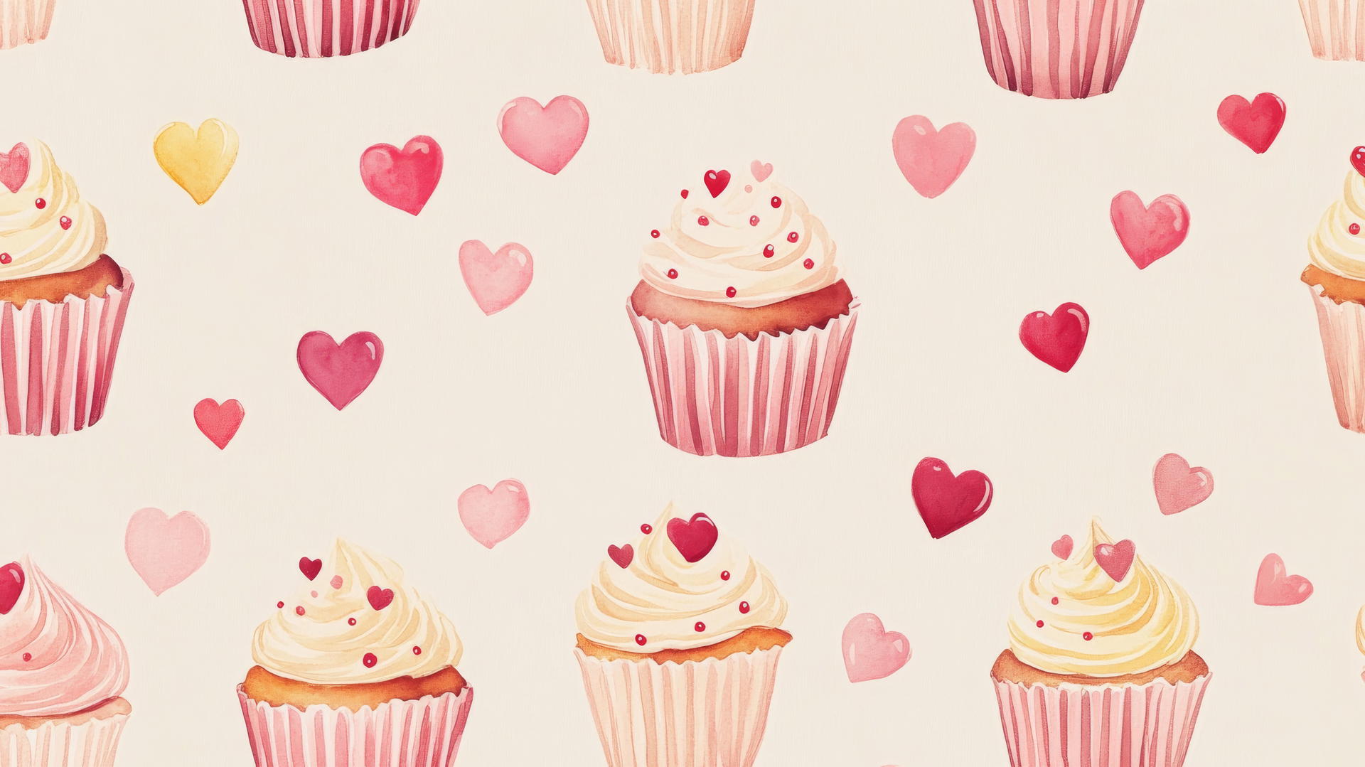 preppy valentines wallpaper with heart-shaped sprinkled cupcakes on a light cream background