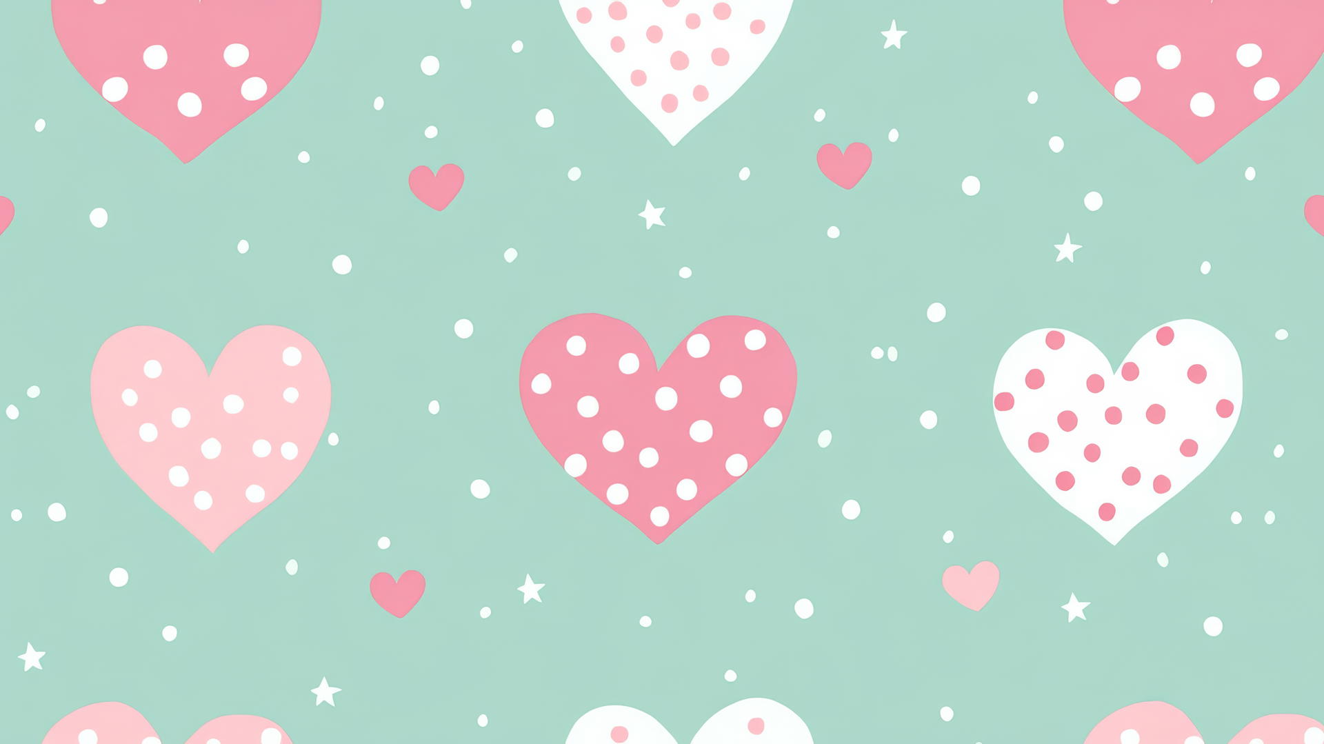 Preppy Valentines wallpaper with polka dot hearts in pink and white on mint green