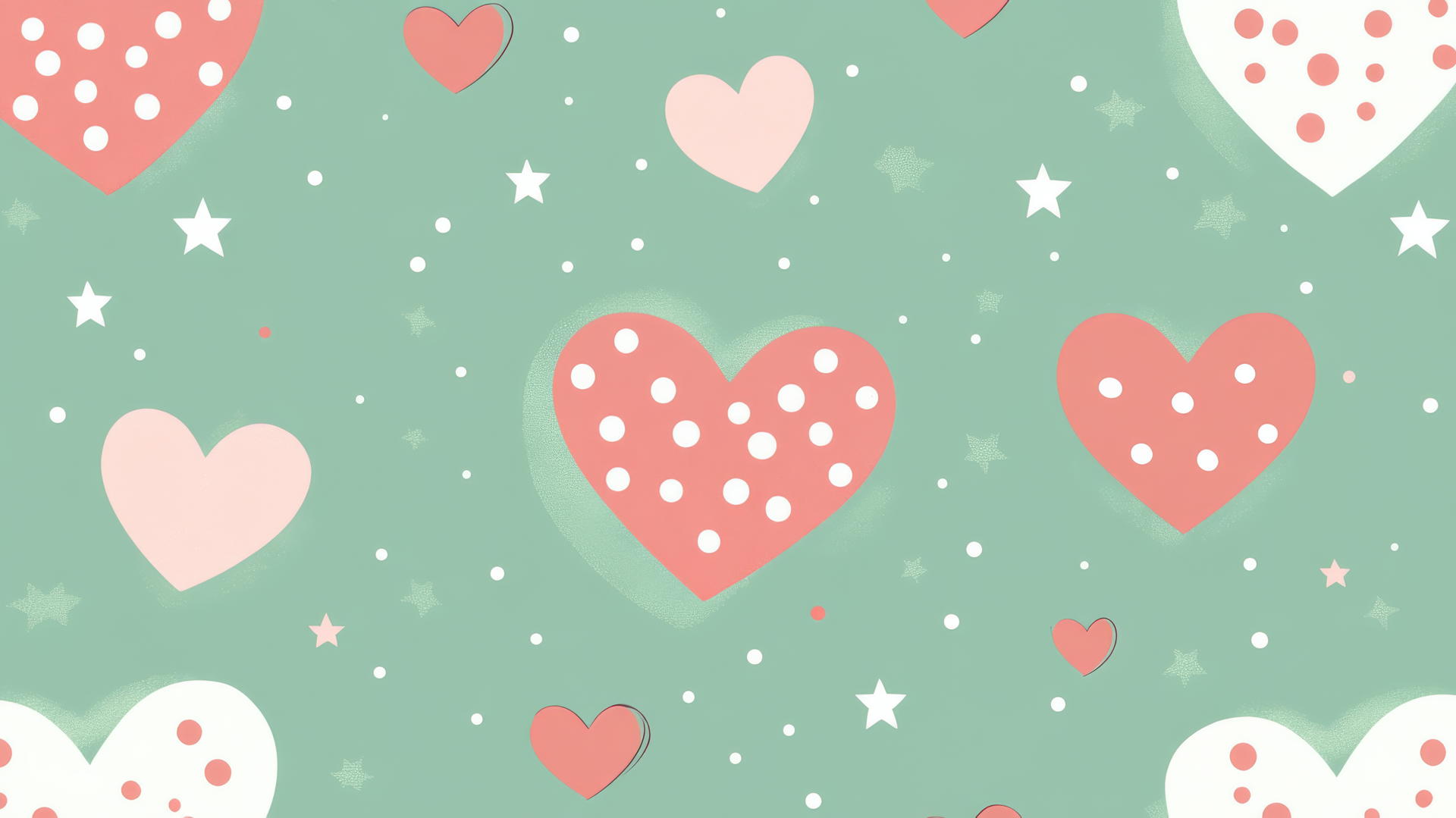 Preppy valentines wallpaper with pink and white polka dot hearts on a mint green background