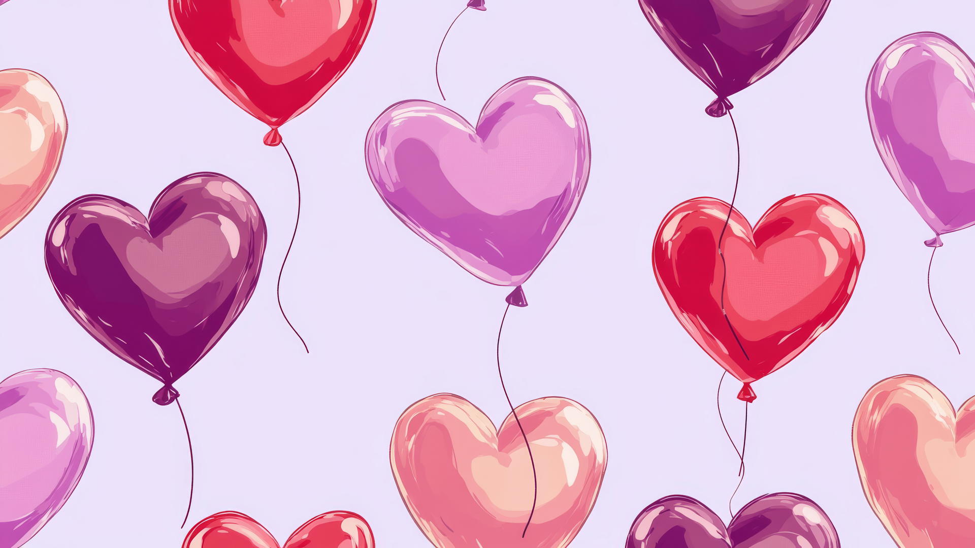 Preppy valentines wallpaper with pink and red heart balloons on pastel purple