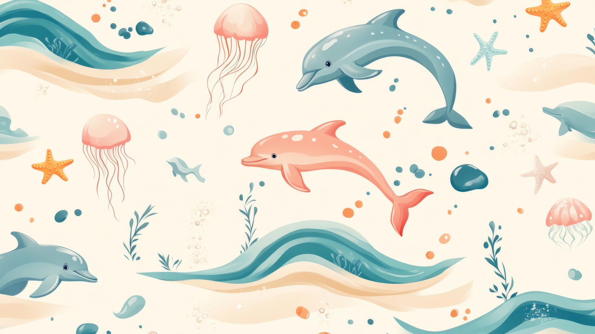 Preppy beach wallpaper with cartoon sea creatures playing