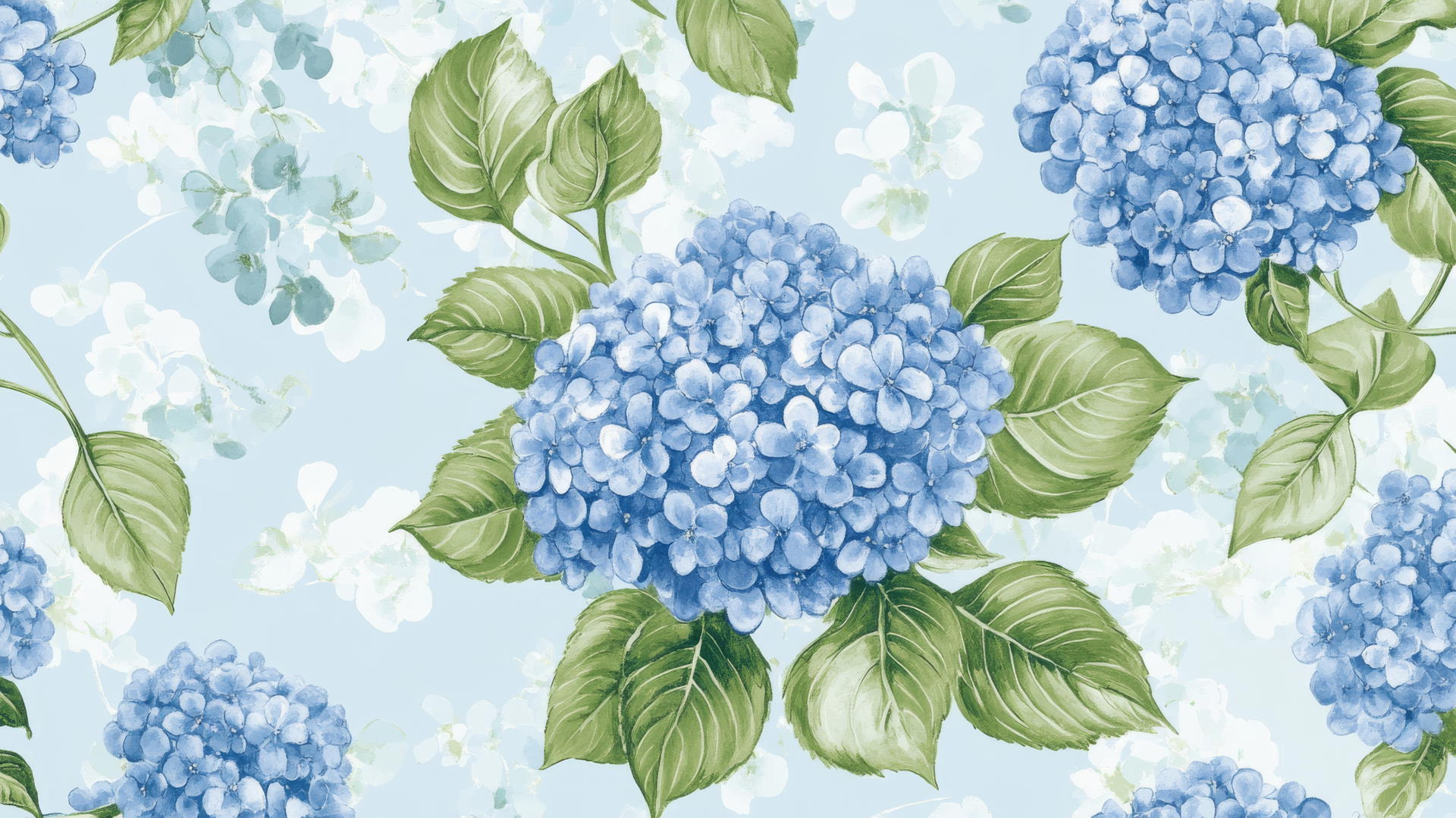 preppy blue wallpaper with hand-drawn blue hydrangeas and green leaves on blue background