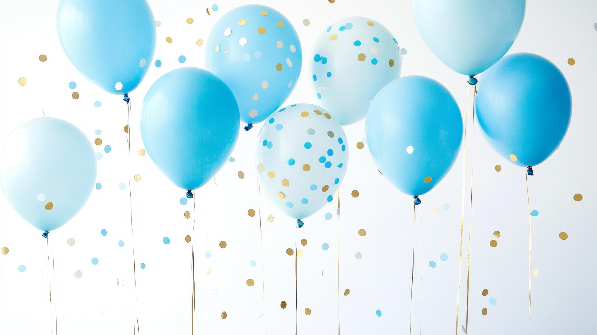 preppy blue wallpaper with pastel blue balloons and gold and silver confetti dots
