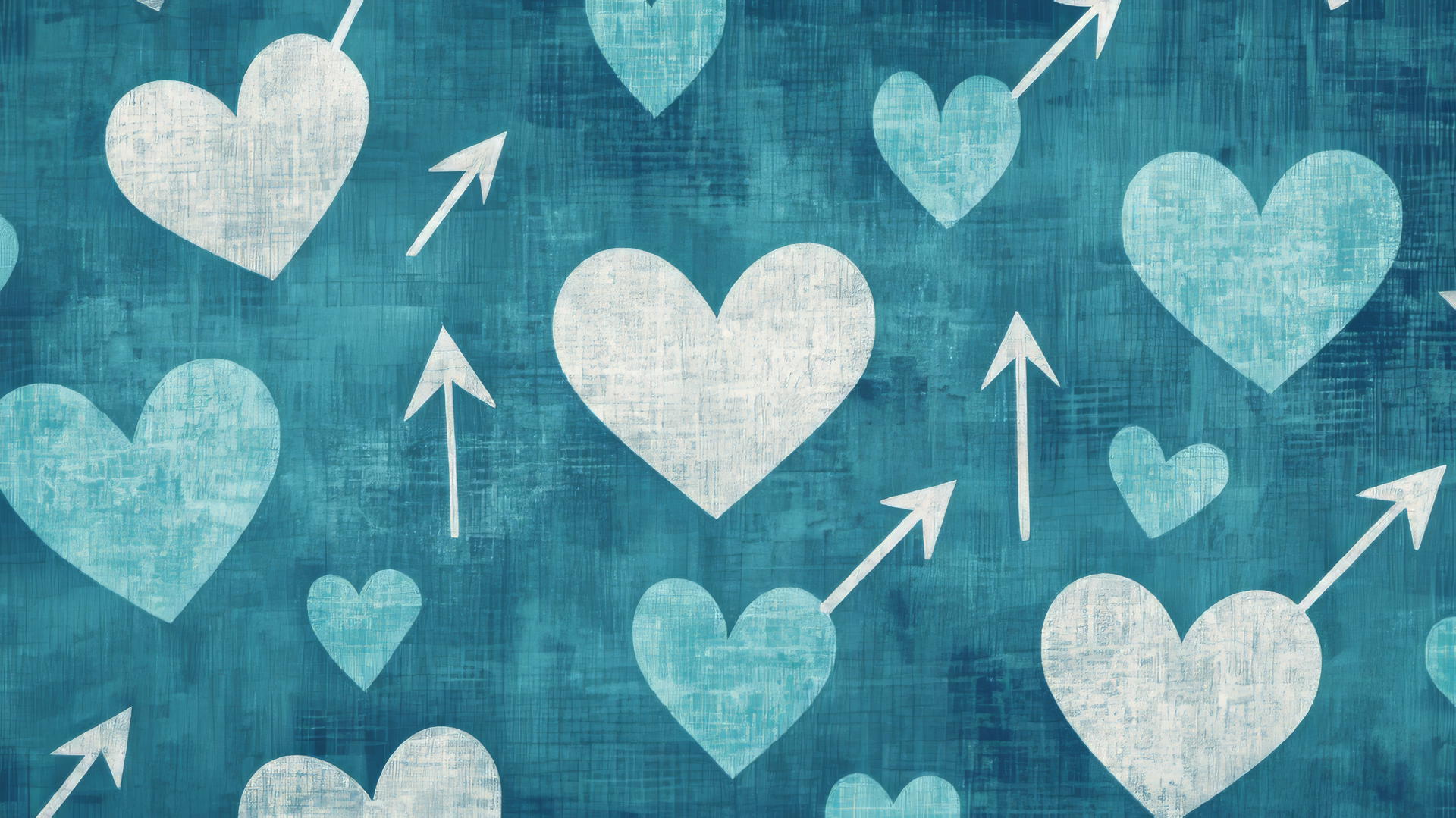 retro preppy blue wallpaper with pixelated blue hearts and white arrows on bright teal background