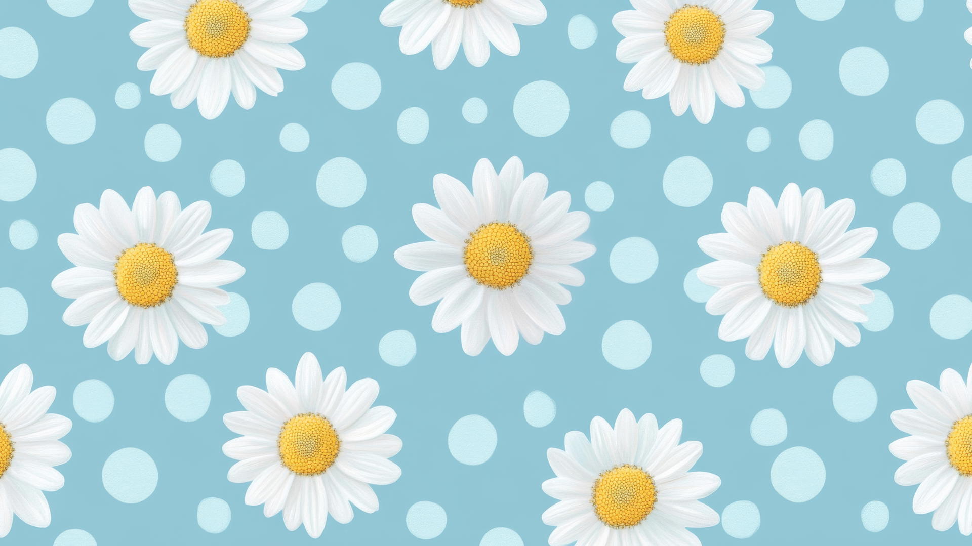 Preppy blue wallpaper with light blue polka dots, white daisies with yellow centers on a pastel blue background