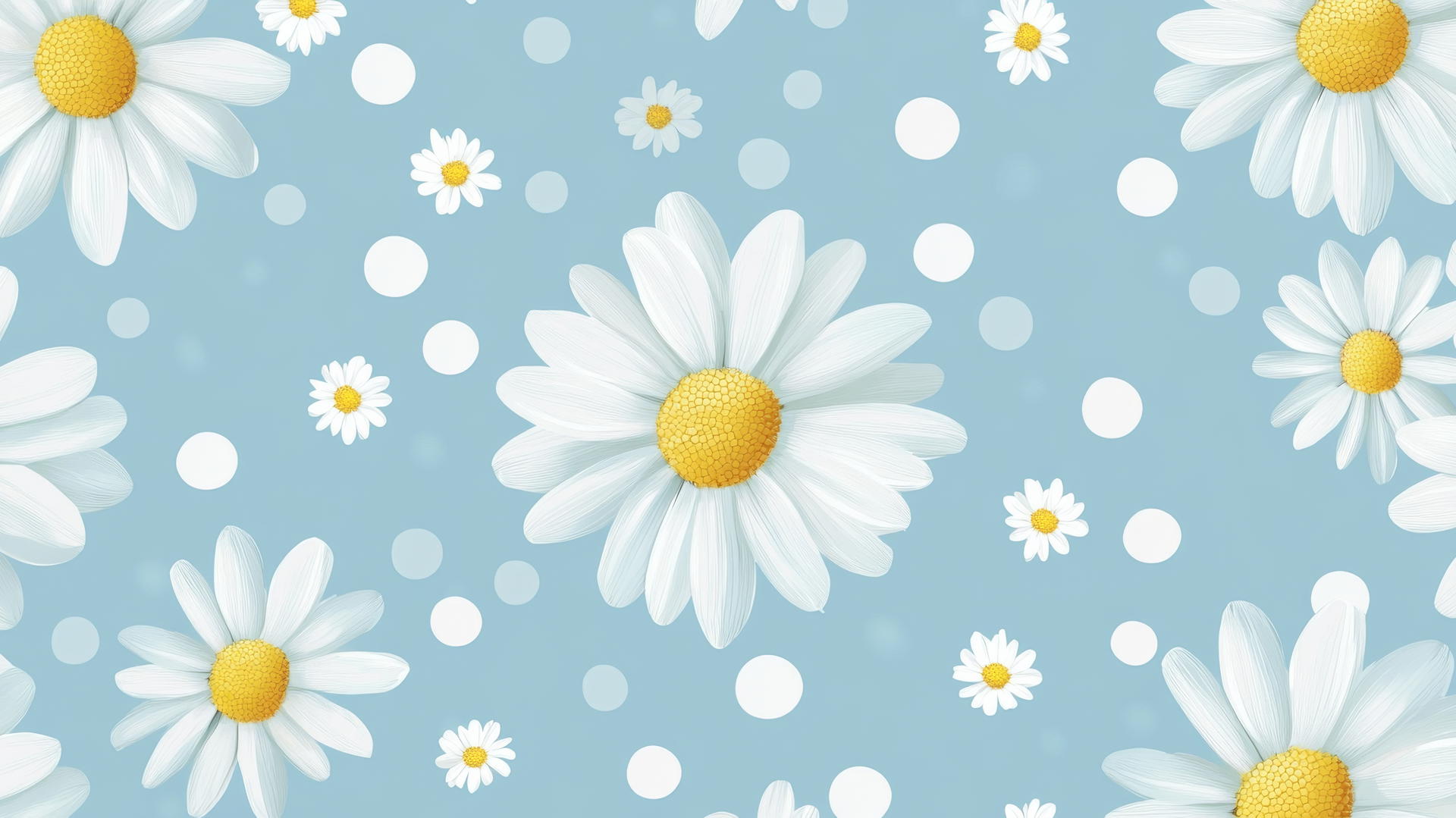 preppy blue wallpaper with light blue polka dots, white daisies with yellow centers on pastel blue background