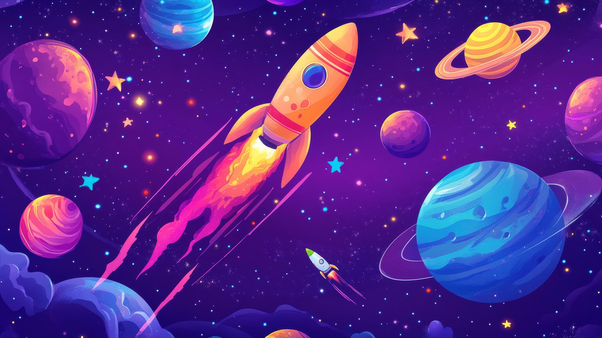 wallpapers cute outer space scene with cartoon planets, rockets, and stars.