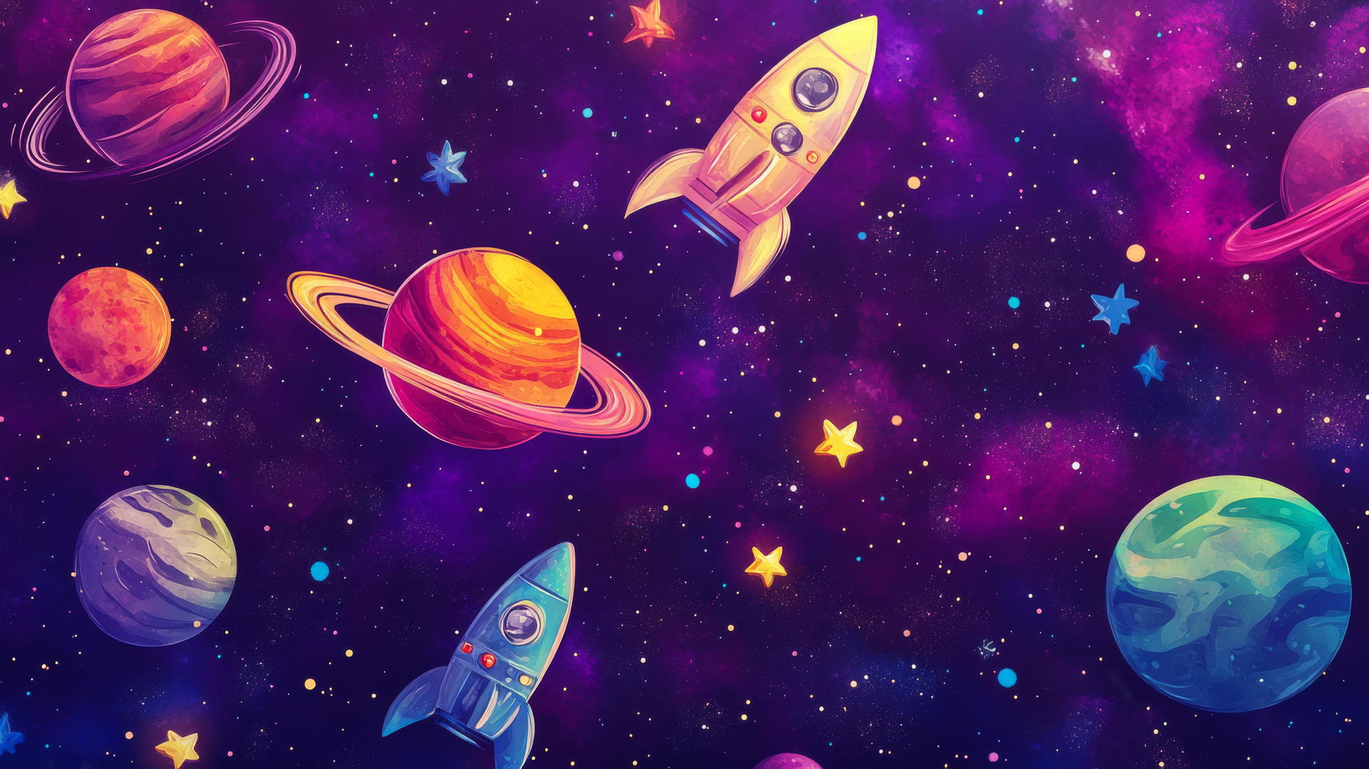 wallpapers cute digital outer space scene with playful planets, rockets, and stars