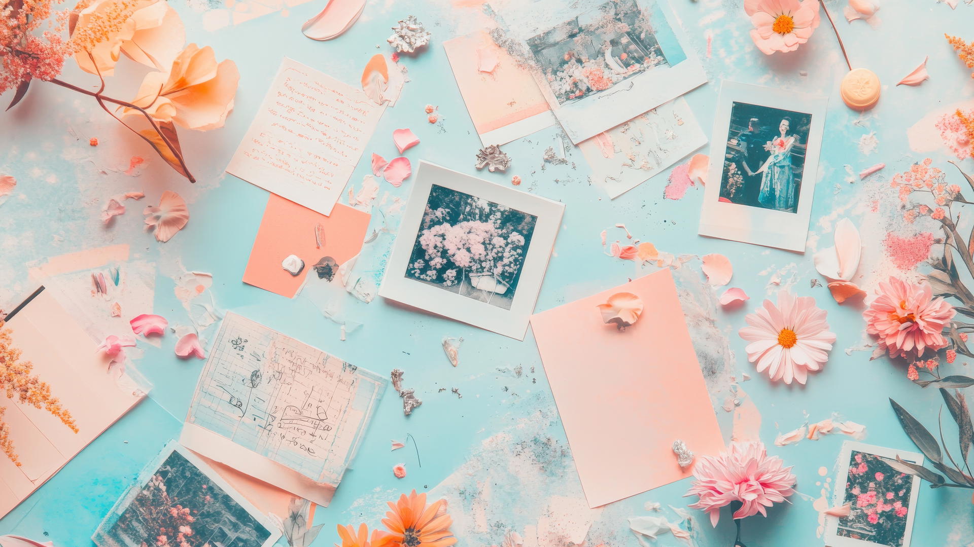 popular cute wallpapers for girls with polaroid photos, pastel sticky notes, flowers, and doodles