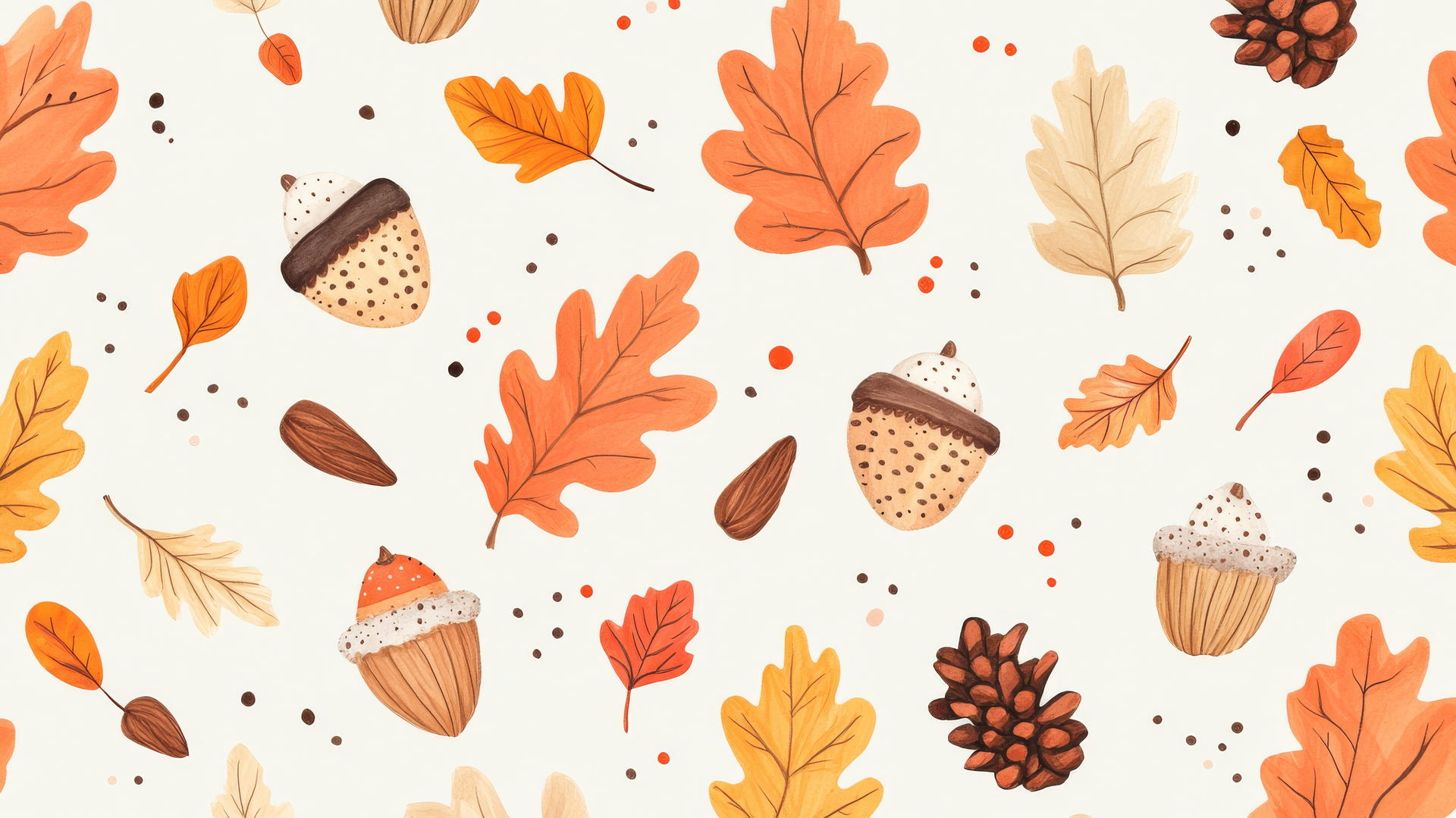 cute fall aesthetic wallpapers with acorns, pinecones, and autumn leaves on beige background