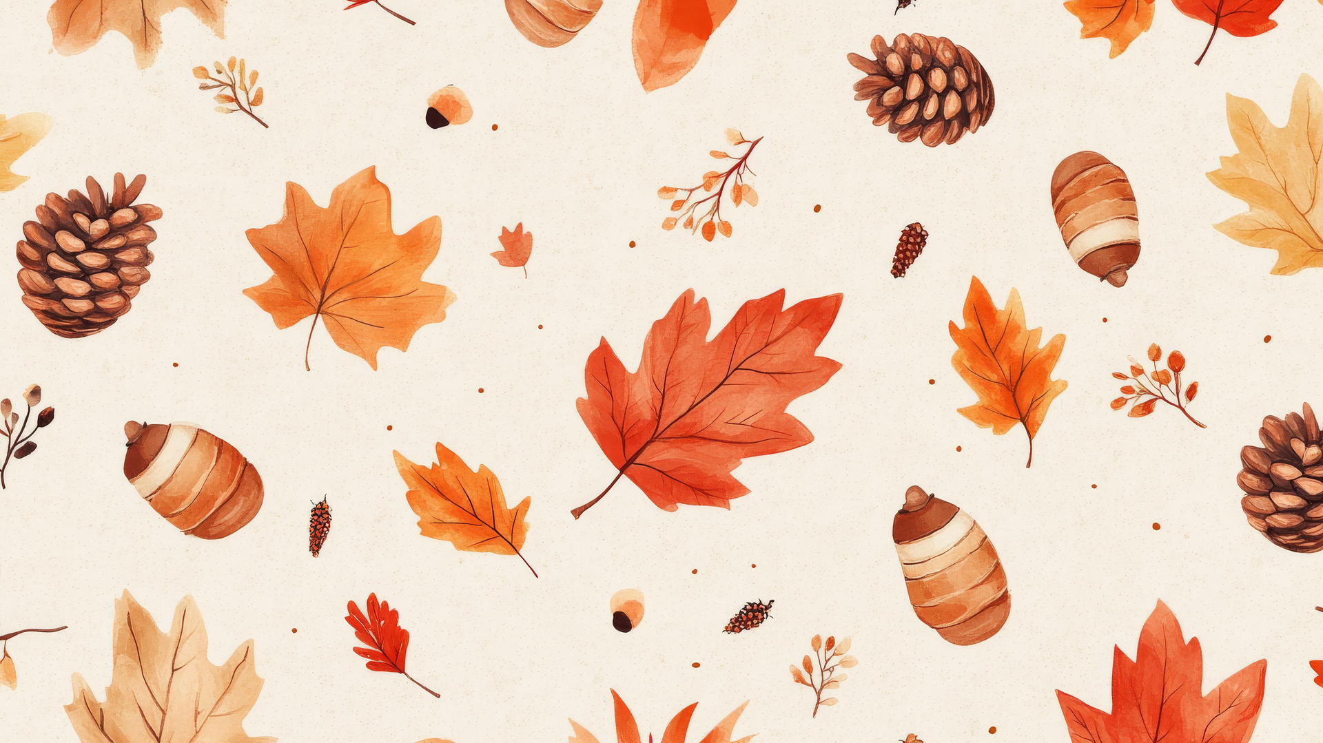 cute fall aesthetic wallpapers with acorns, pinecones, and autumn leaves on beige background