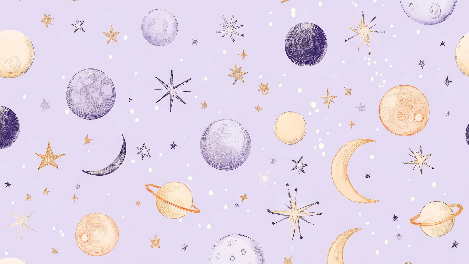 cute aesthetic wallpapers with hand-drawn moons, stars, and planets on lavender background