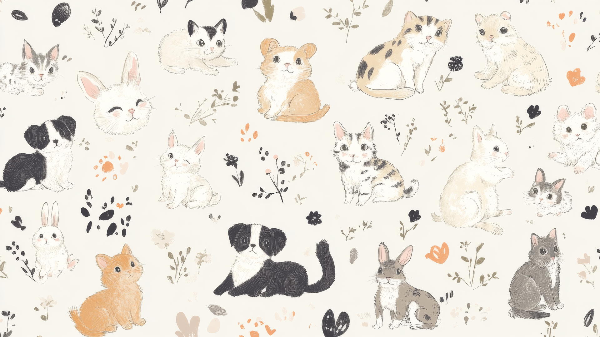 Cute wallpapers featuring hand-drawn animals like puppies, kittens, bunnies on a soft background.