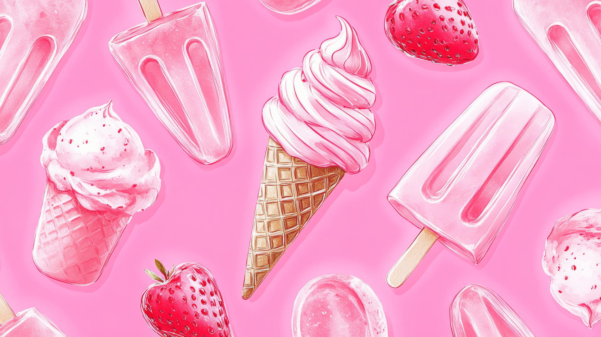 cute hot pink wallpaper with doodle-style ice cream cones and popsicles