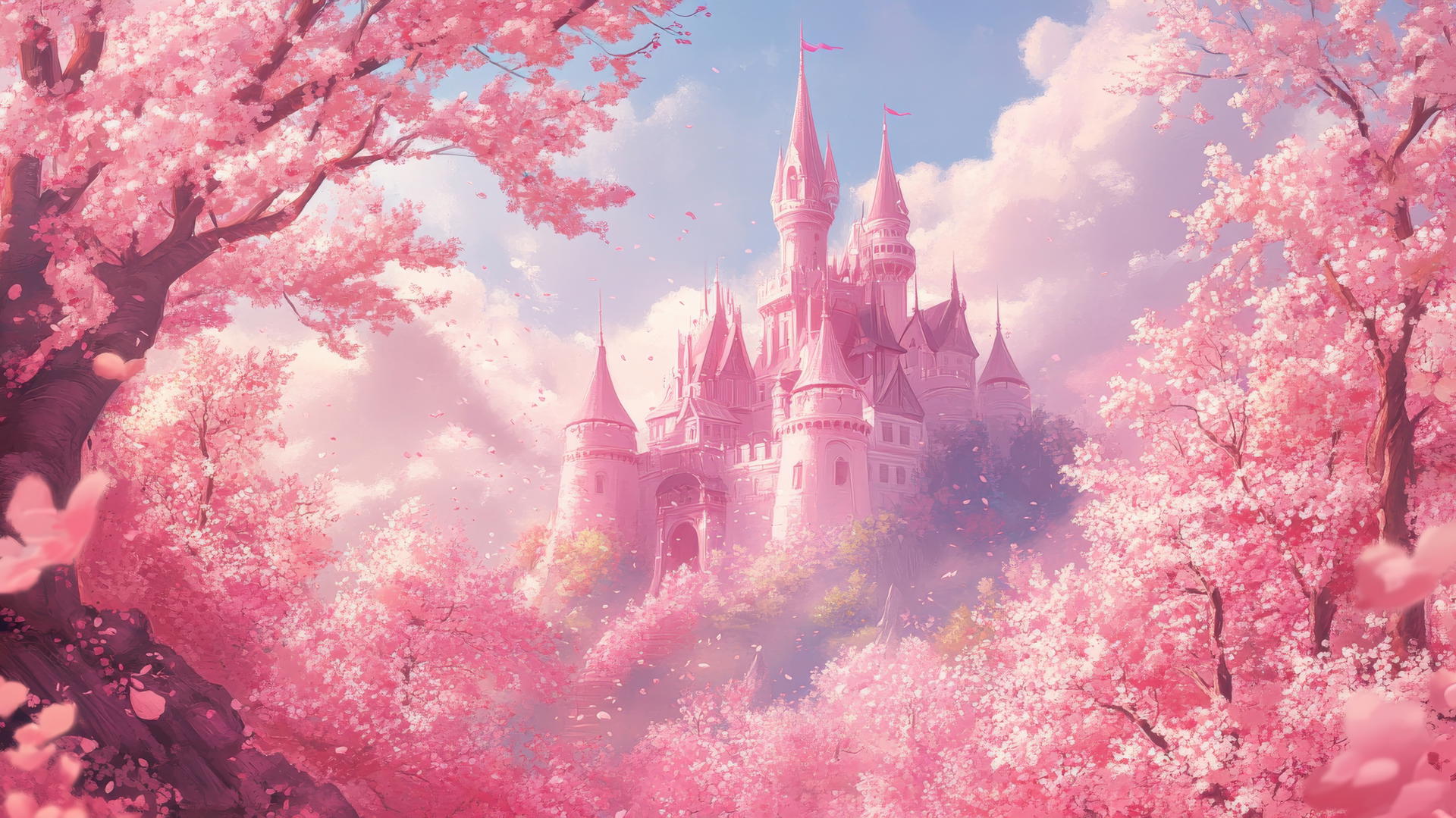 aesthetic pink wallpaper with a whimsical pink castle and cherry blossoms
