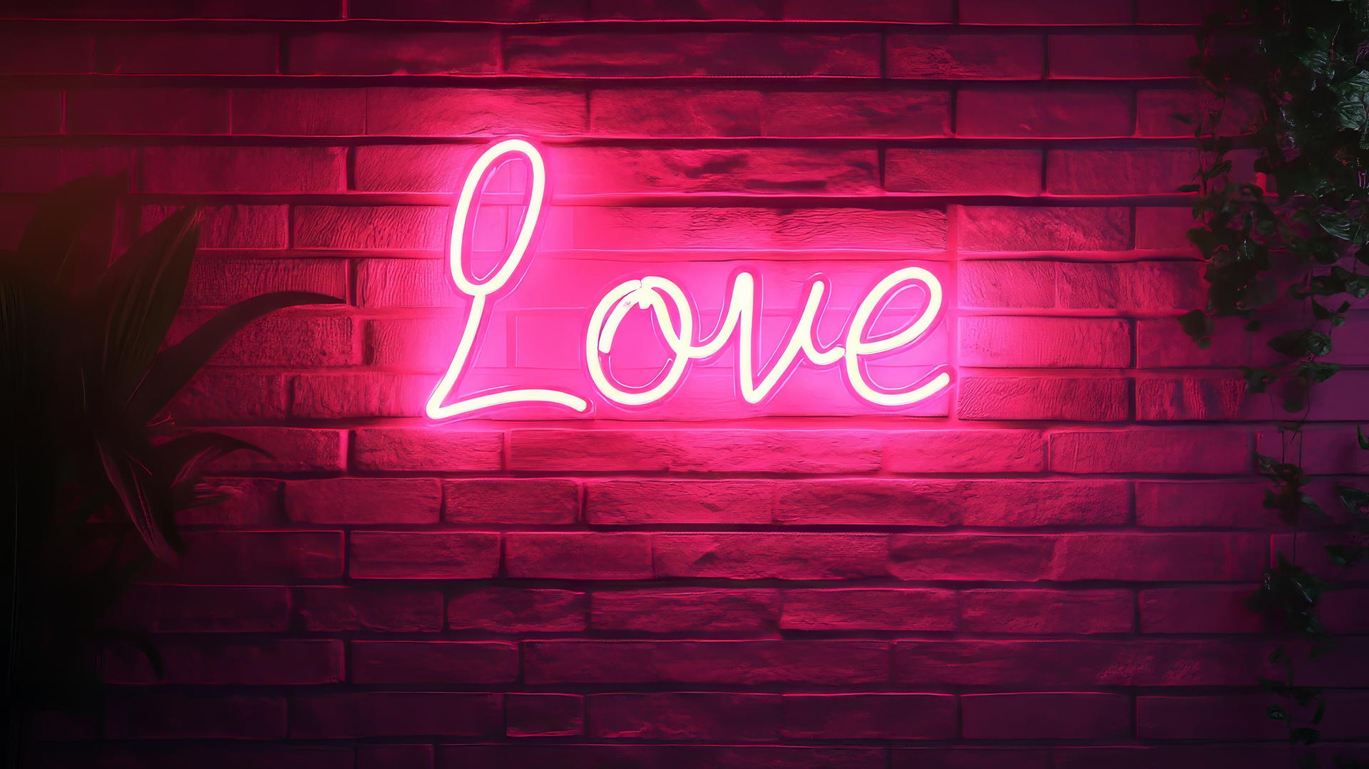 pink aesthetic wallpaper with neon 'Love' sign on dark pink brick wall