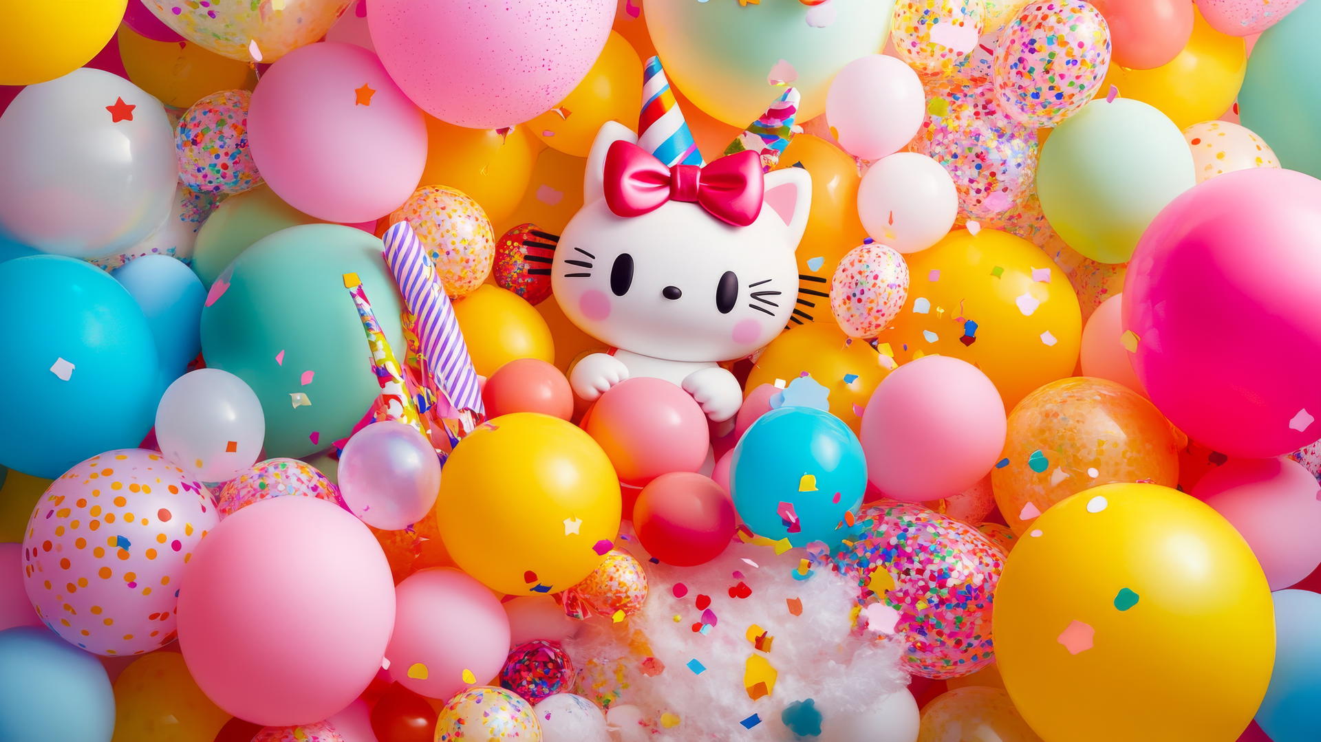 playful and colorful hello kitty wallpaper aesthetic with confetti, balloons, and party hats