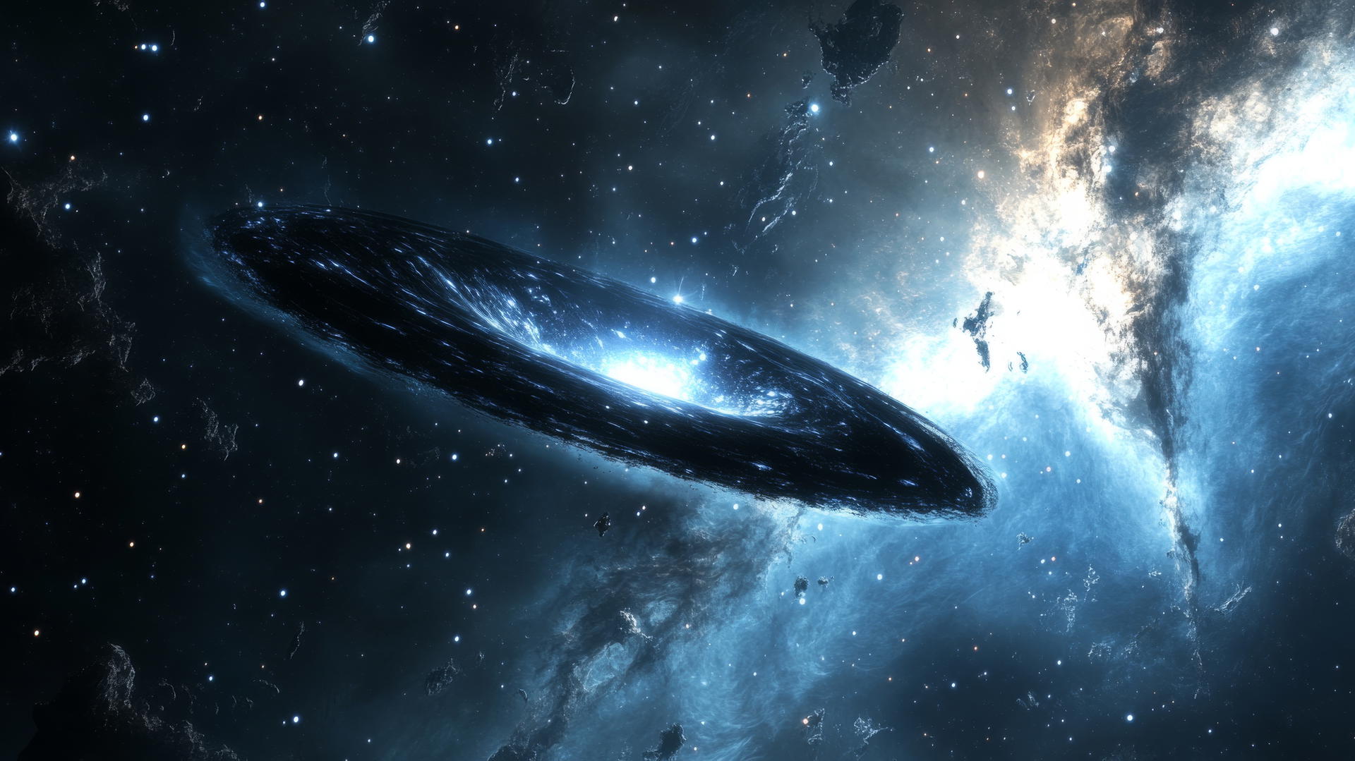 black hole wallpaper with serene galaxy, glowing stars, and soft light