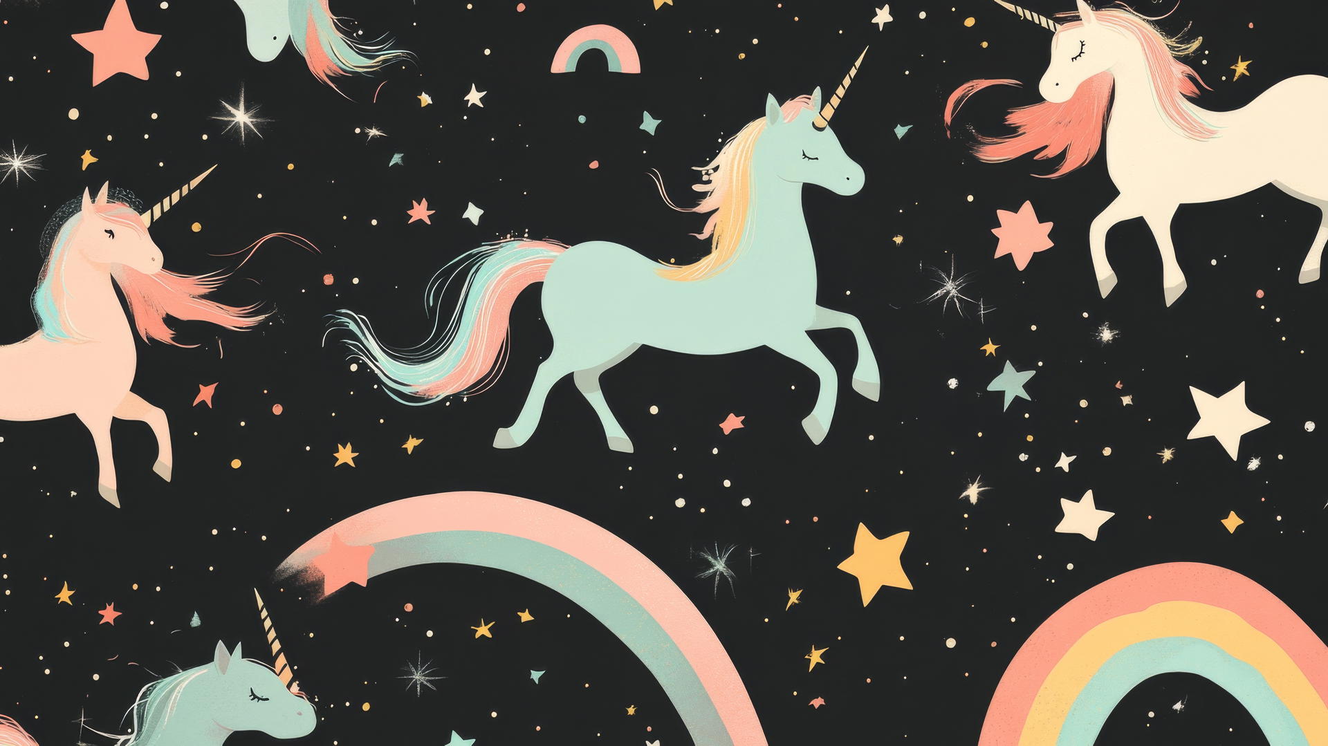 Black wallpaper for girls with pastel unicorns and rainbows