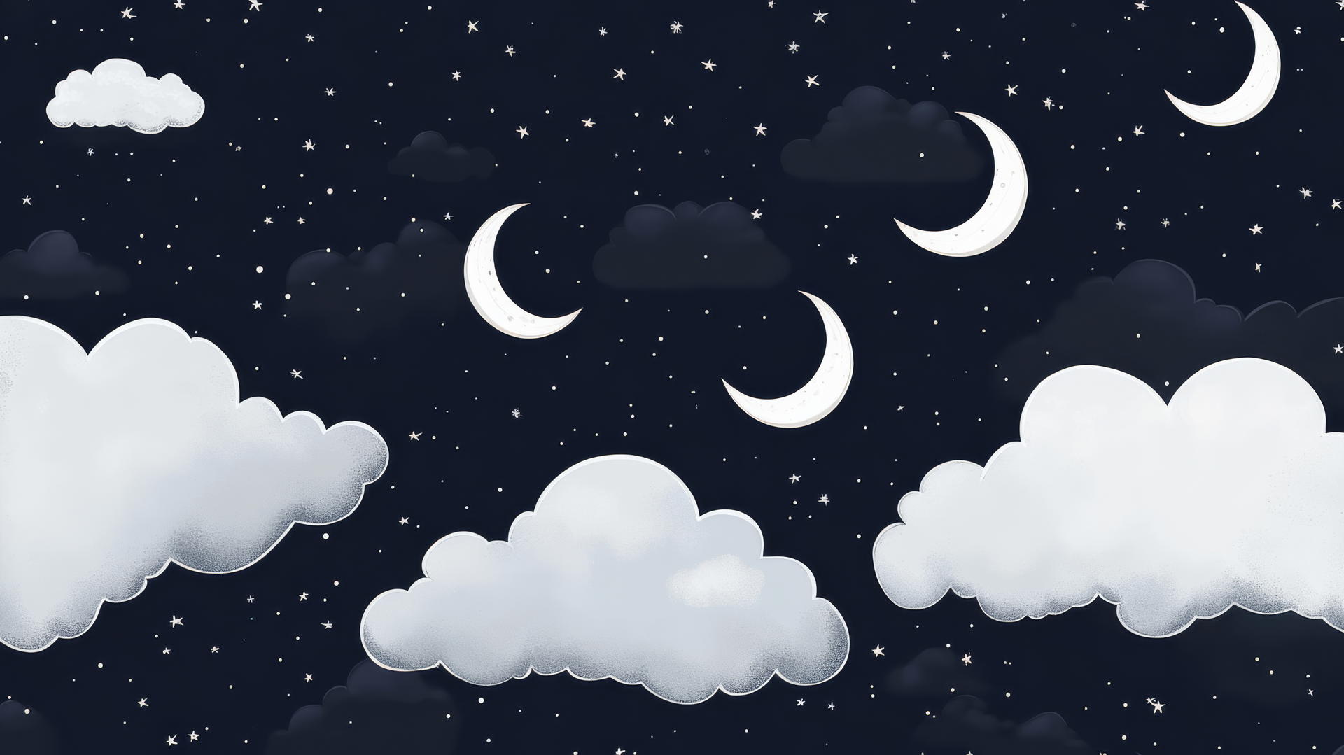 Black wallpaper for girls with soft white clouds and crescent moons