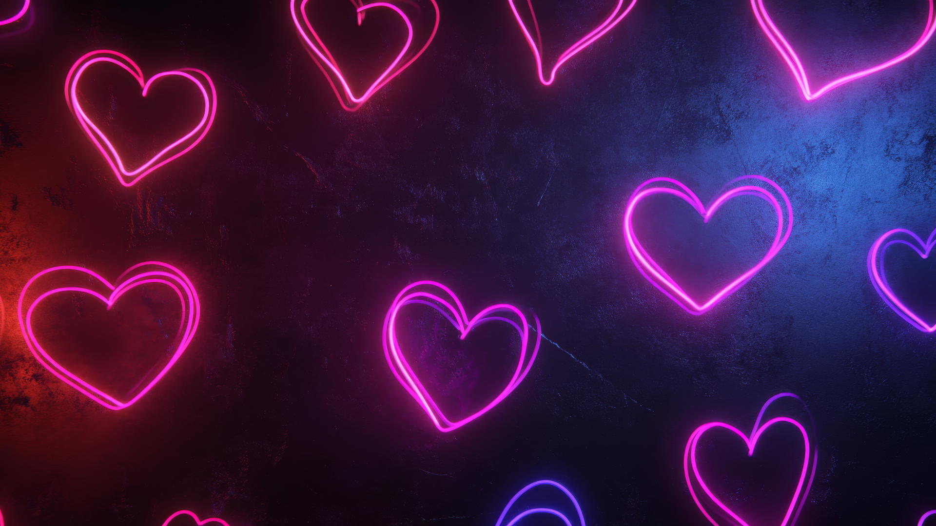 Black wallpaper for girls with neon pink and purple heart shapes glowing softly