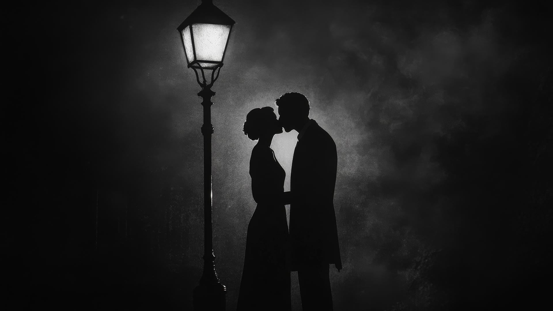 black and white aesthetic wallpaper of a couple kissing under a streetlamp