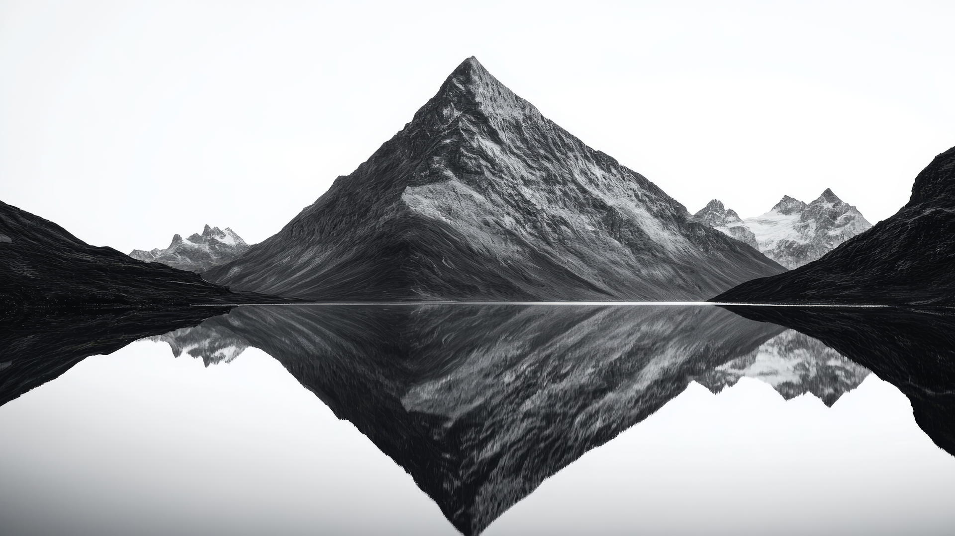 Black and white aesthetic wallpaper of a mountain reflected perfectly in a still lake.