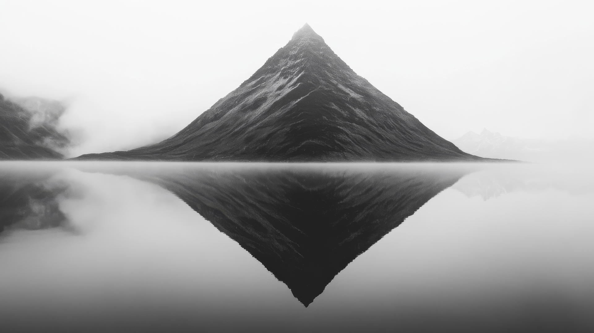 black and white aesthetic wallpaper of a mountain reflected in a still lake