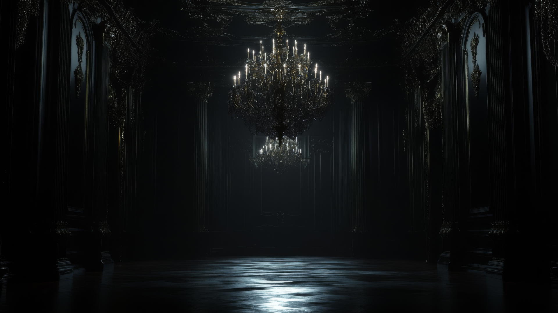 elegant chandelier casting faint glow in dark grand hall, aesthetic black wallpaper