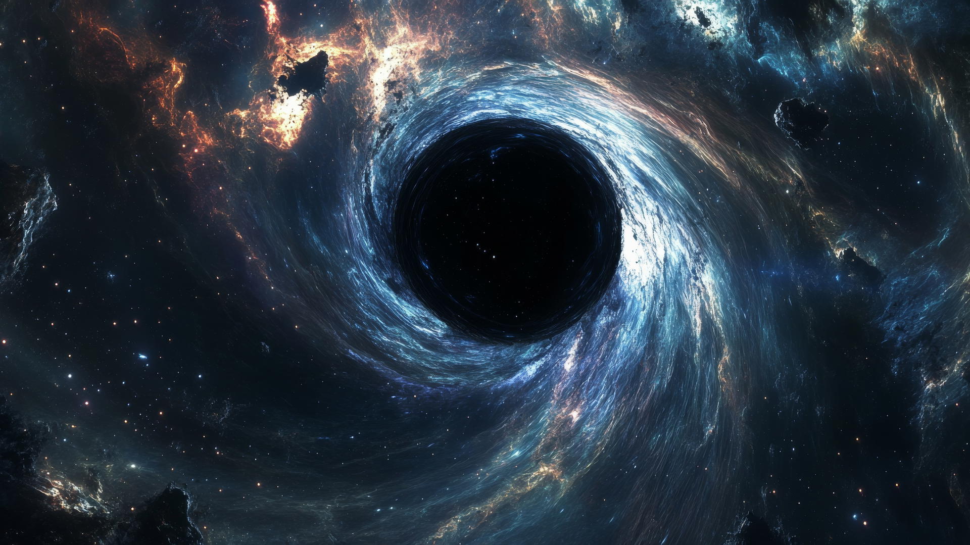 black aesthetic wallpaper with a cosmic black hole, swirling dark matter, and faint stars