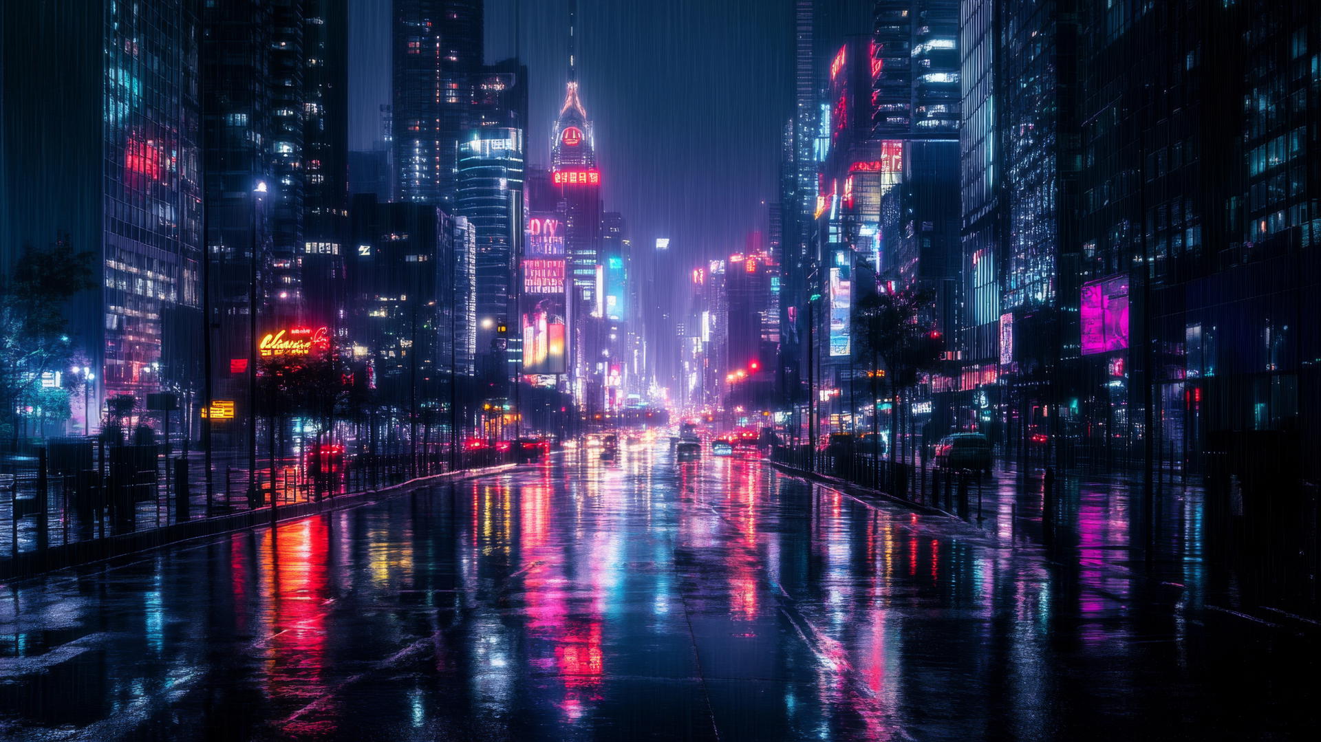 A sleek black aesthetic cityscape with neon lights reflecting off wet streets at night.