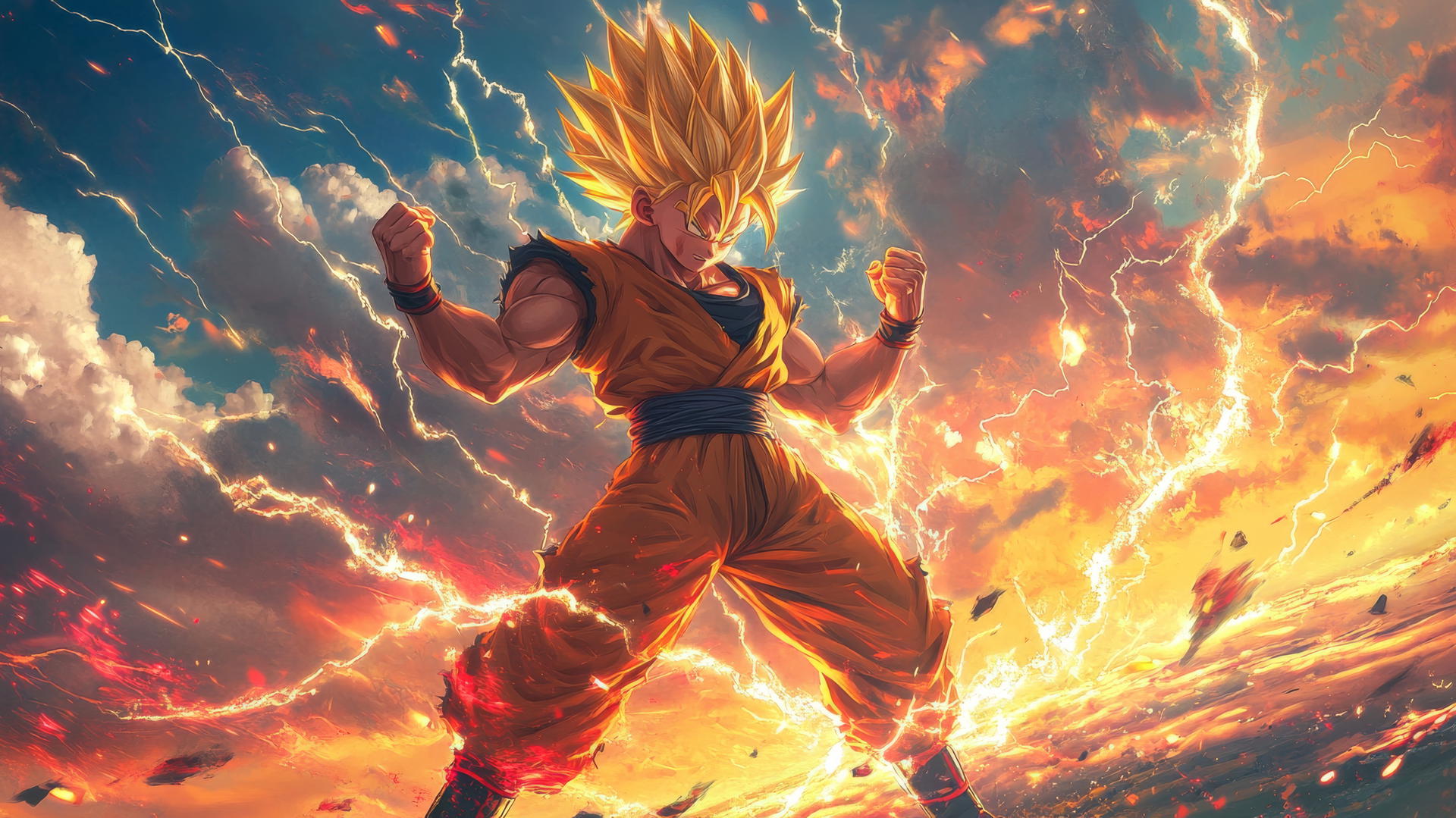 Goku in a Super Saiyan 3 stance with golden hair, lightning, and sunset sky