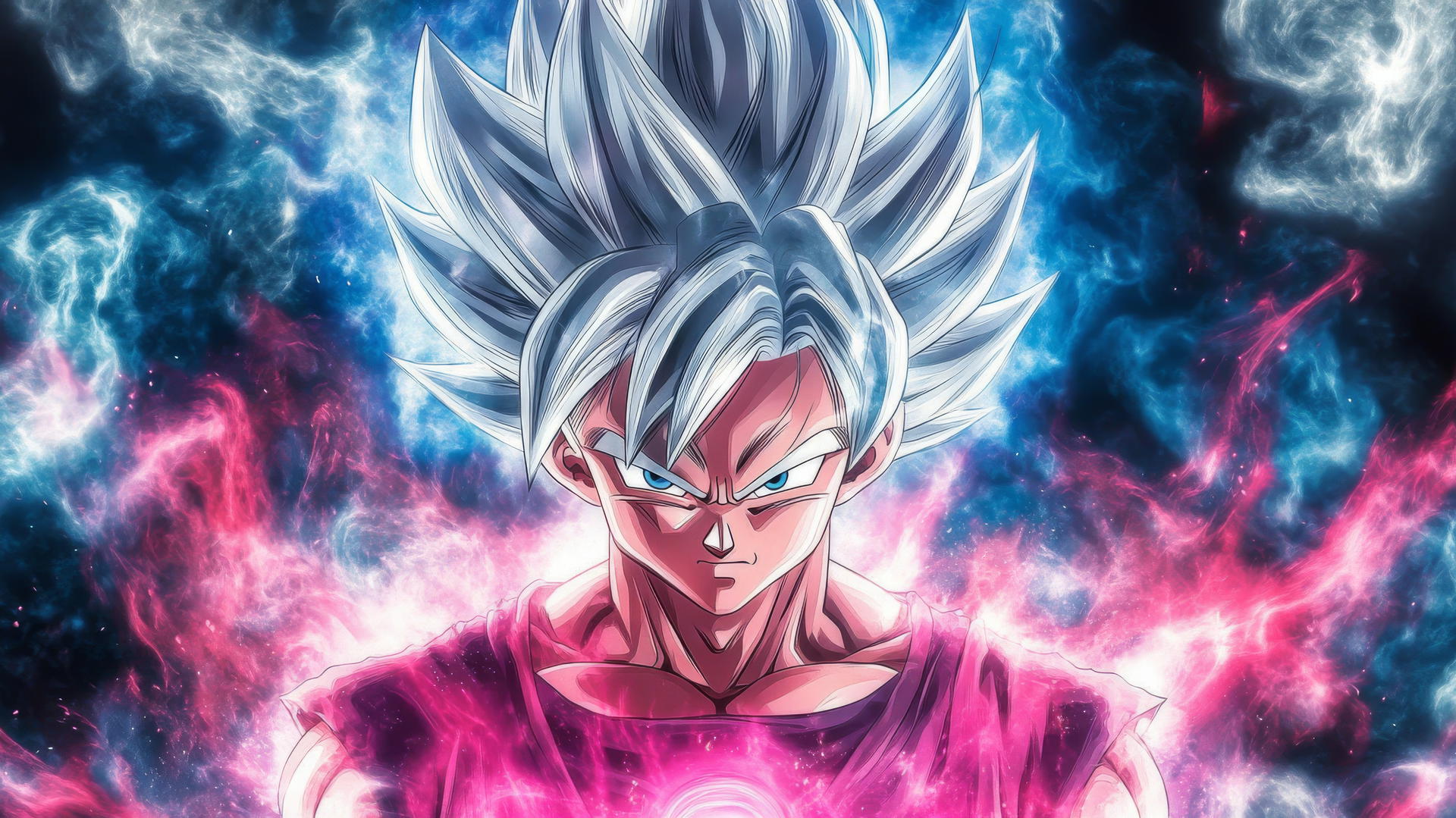 Goku Ultra Instinct wallpaper 4K with shining silver hair and a vibrant aura