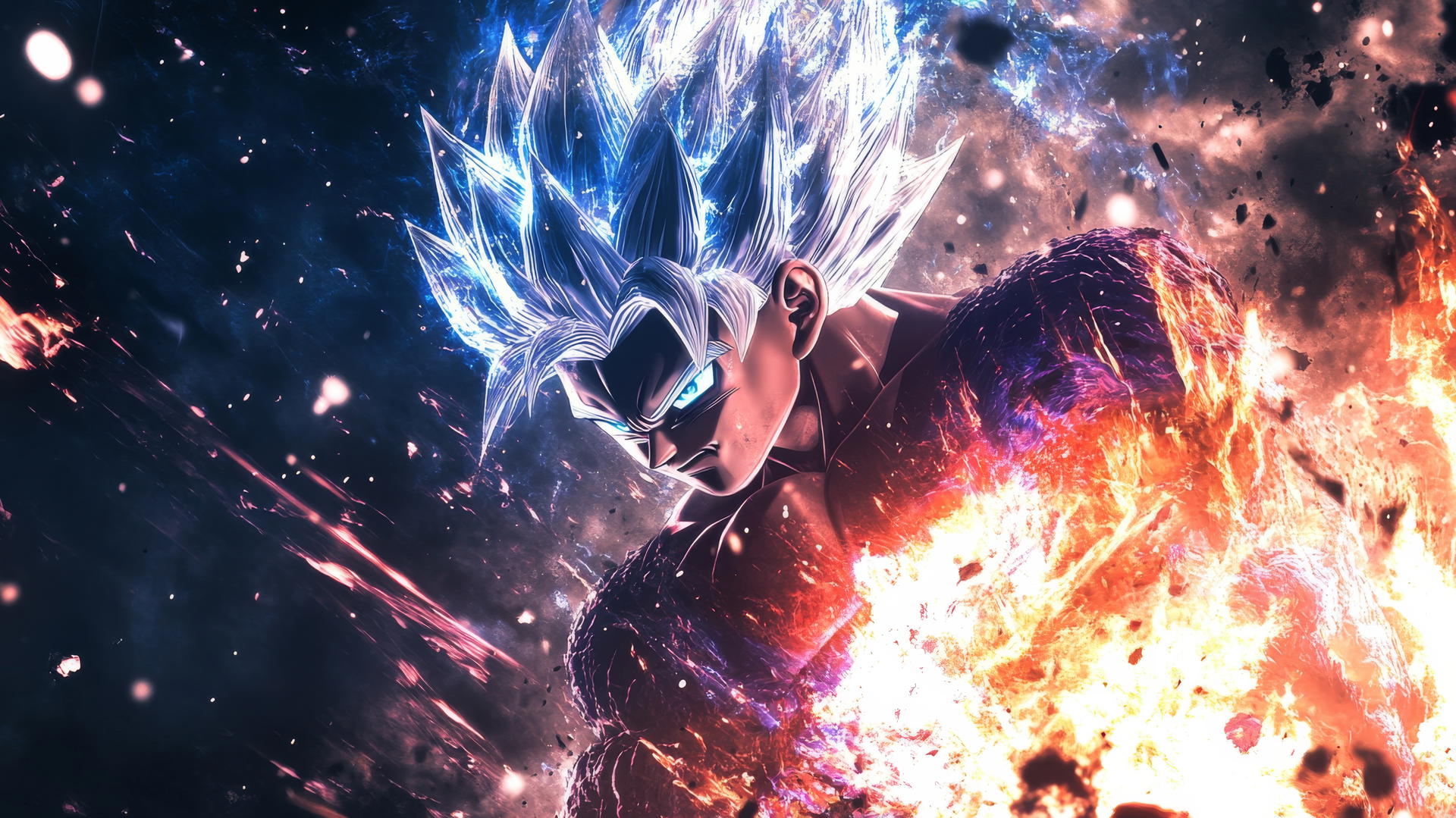 Goku Ultra Instinct wallpaper 4k facing an enemy with intense focus, mixed aura colors.