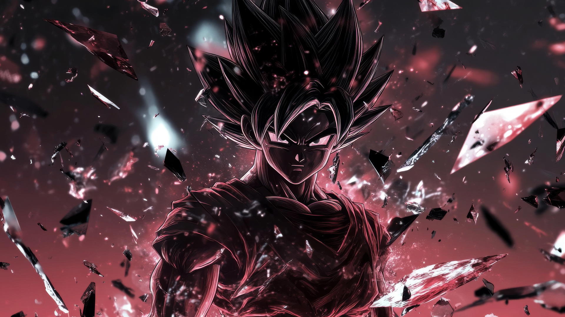 Black Goku surrounded by glass shards reflecting different sides, black goku wallpaper 4k.