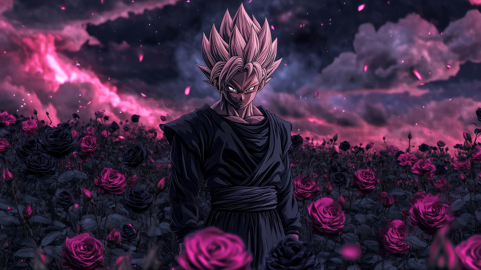 black goku wallpaper 4k, calm yet ominous pose in a field of black roses, glowing aura