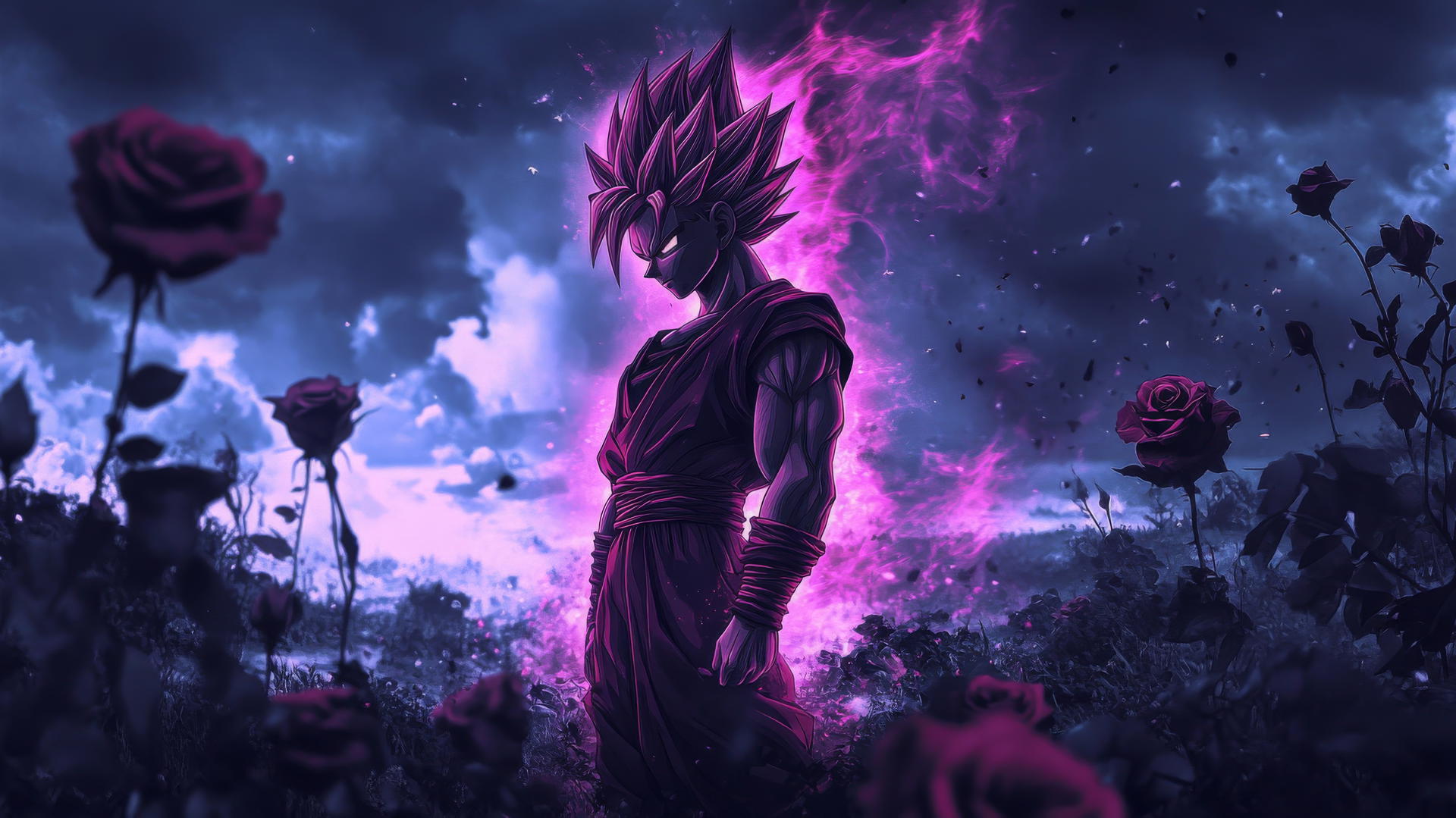 Black Goku in a calm yet ominous pose with black roses, Super Saiyan Rosé aura, black goku wallpaper 4k