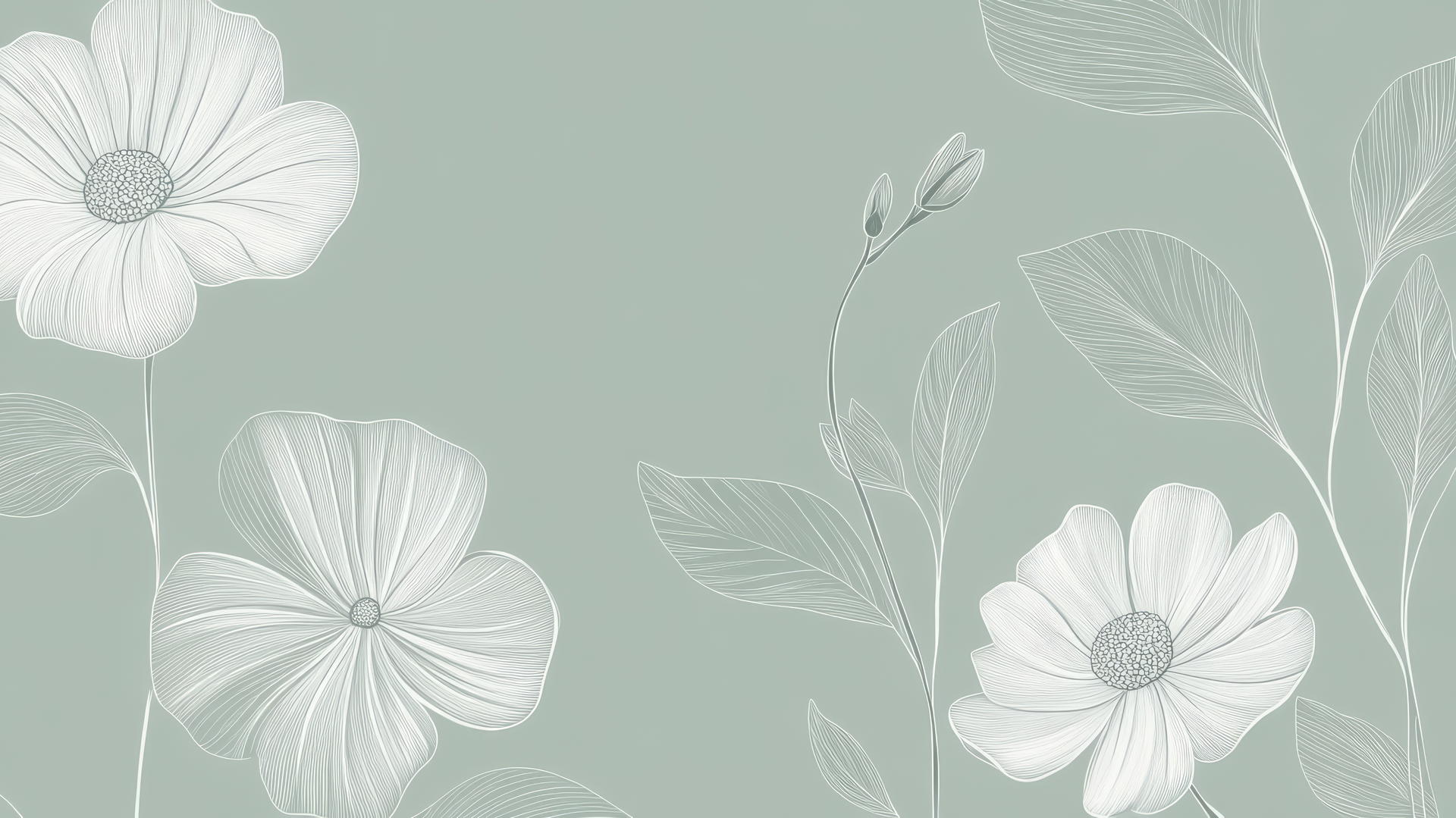 green floral wallpaper with white daisies and leaves on soft sage green background