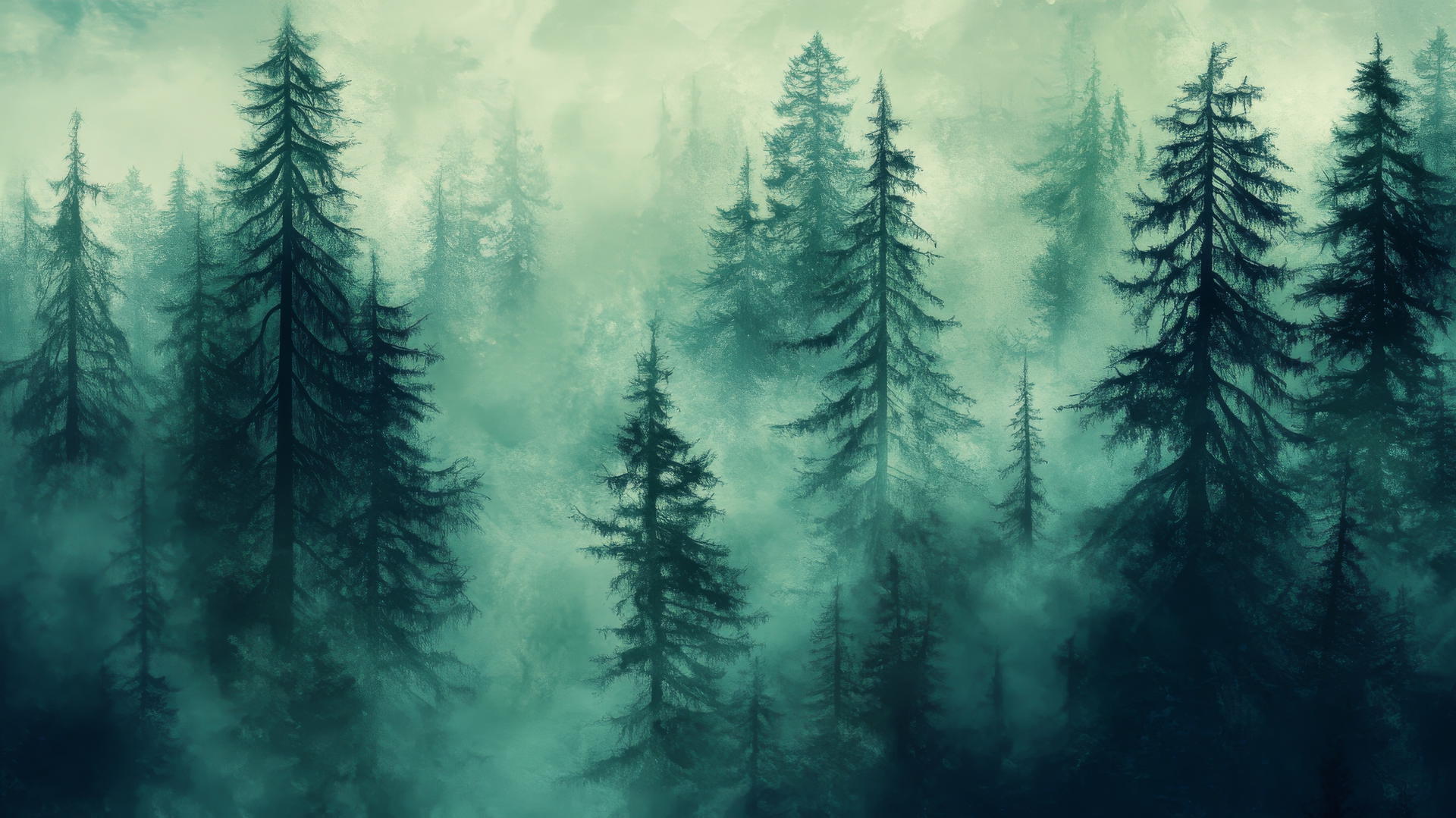 emerald green wallpaper with minimalist forest, dark green trees and soft mist