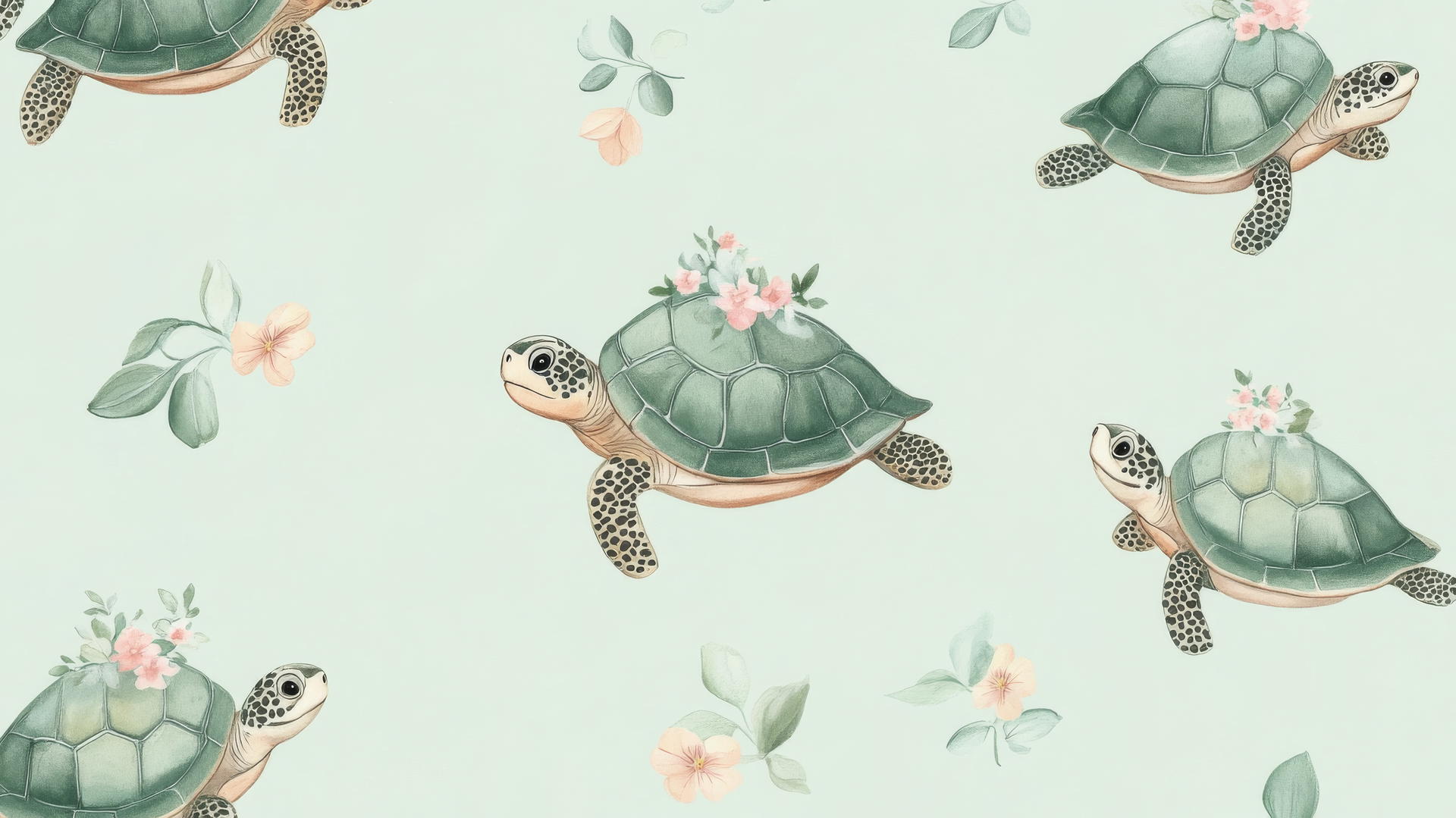 cute green wallpaper with turtles carrying tiny flowers on a mint green background