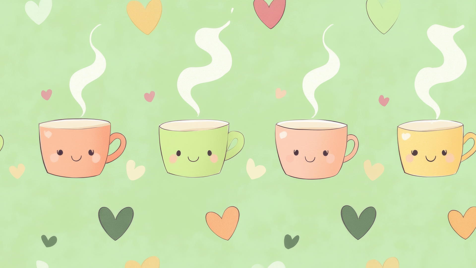 cute green wallpaper with kawaii tea cups, smiling faces, and heart-shaped steam