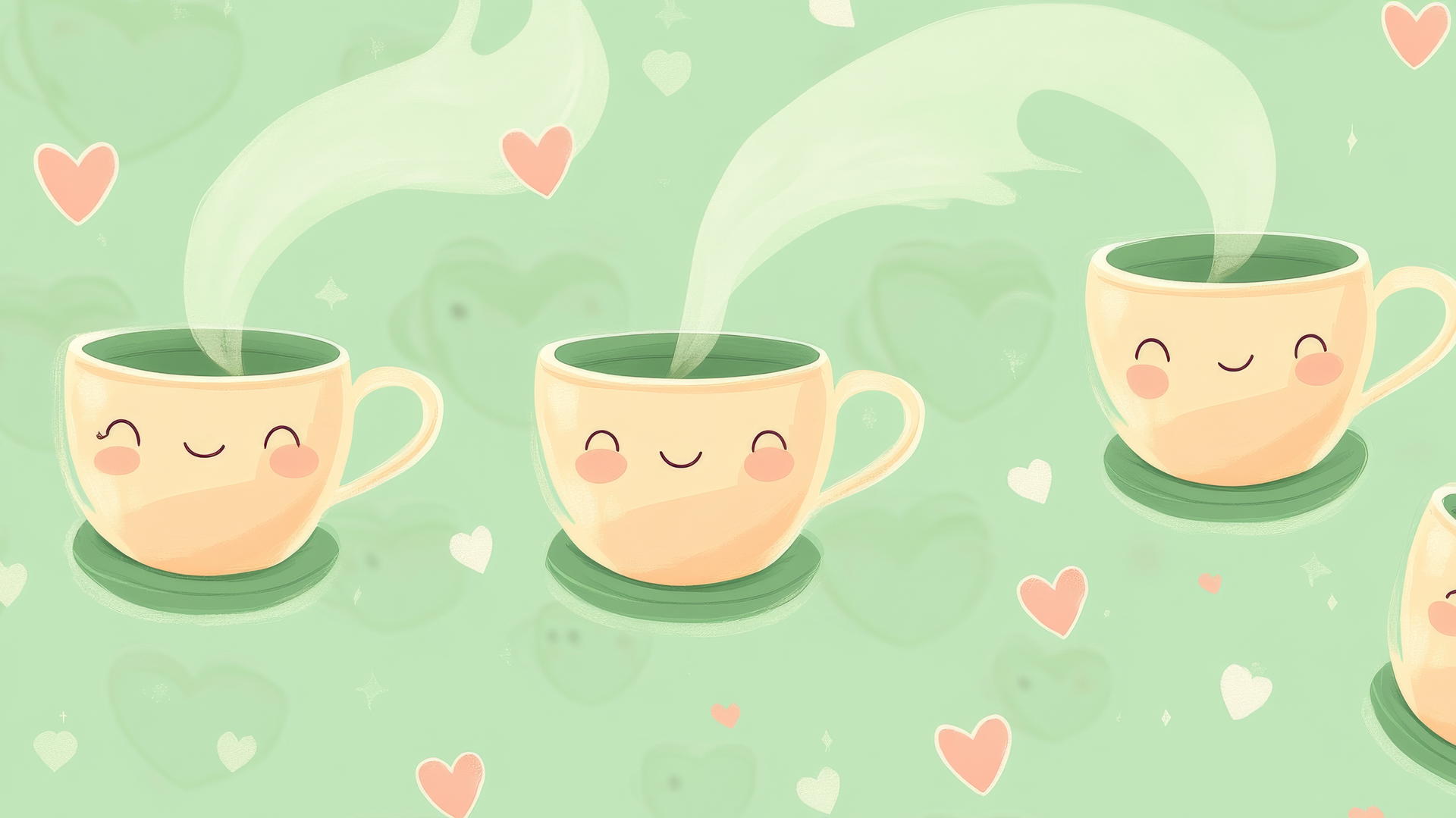 cute green wallpaper with kawaii-style smiling tea cups and heart-shaped steam