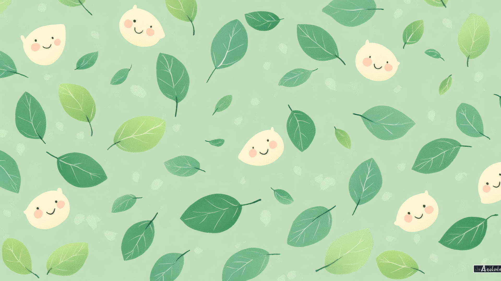cute green wallpaper with smiling leaves and blushing cheeks on pastel green