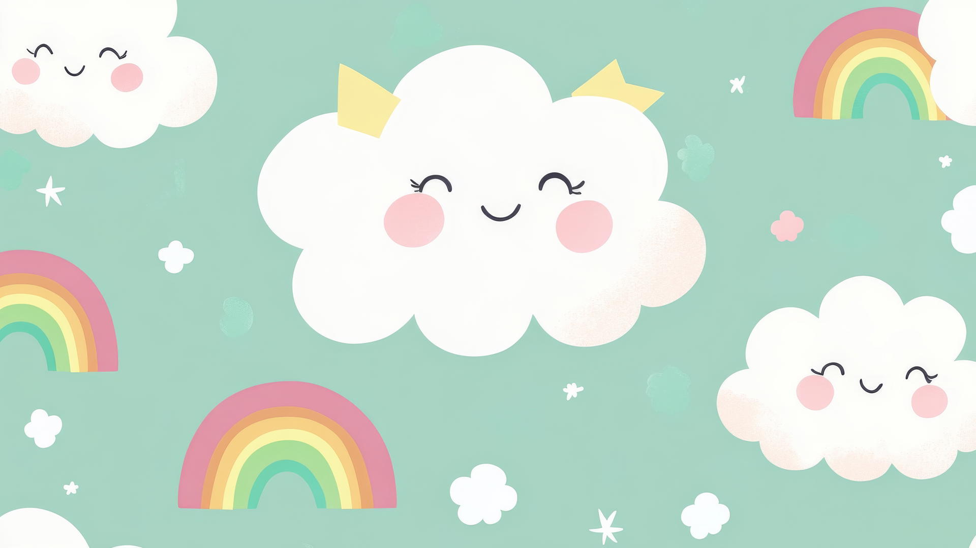 Cute green wallpaper with smiling clouds and rainbows
