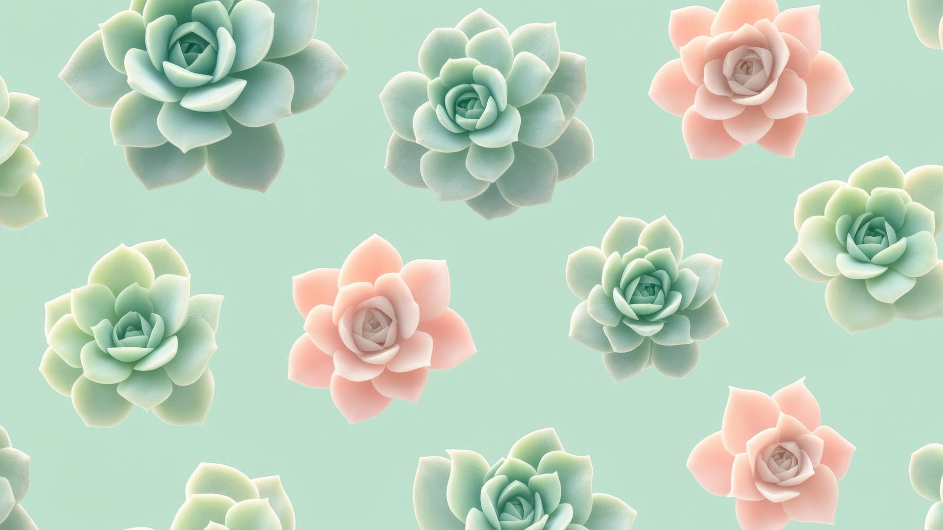 Cute green wallpaper with tiny succulents in pastel shades of green and pink.