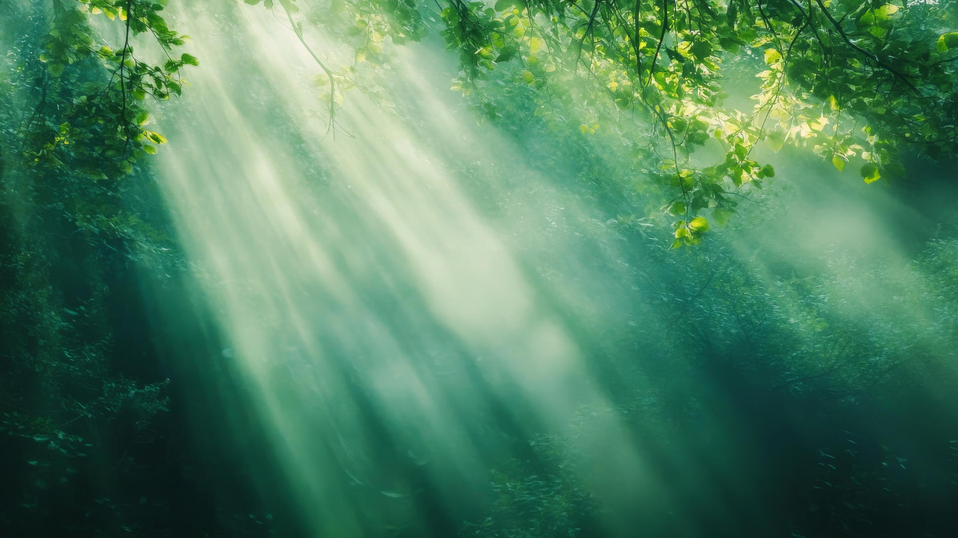 Aesthetic green wallpaper with sunlight-filtered lush green forest