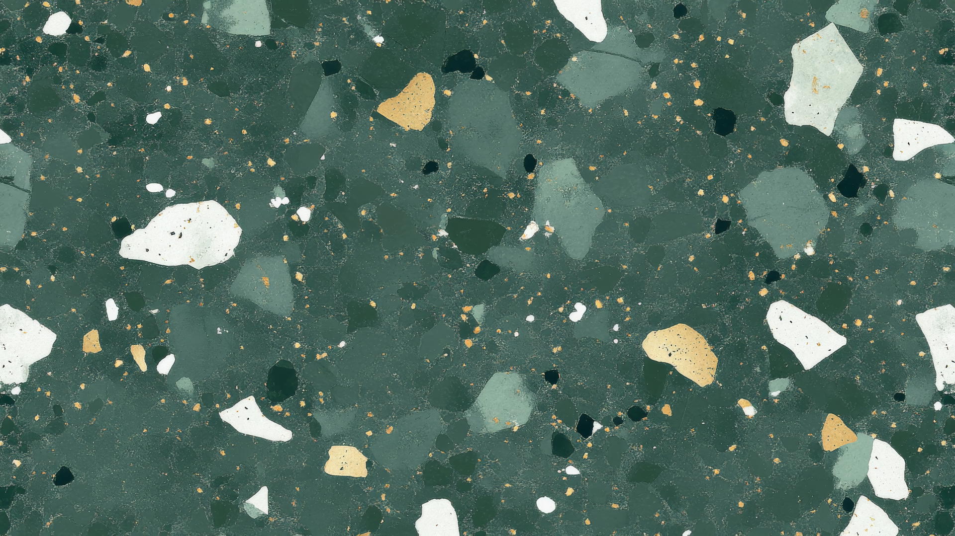 aesthetic green wallpaper with terrazzo pattern in white, gold, and dark green